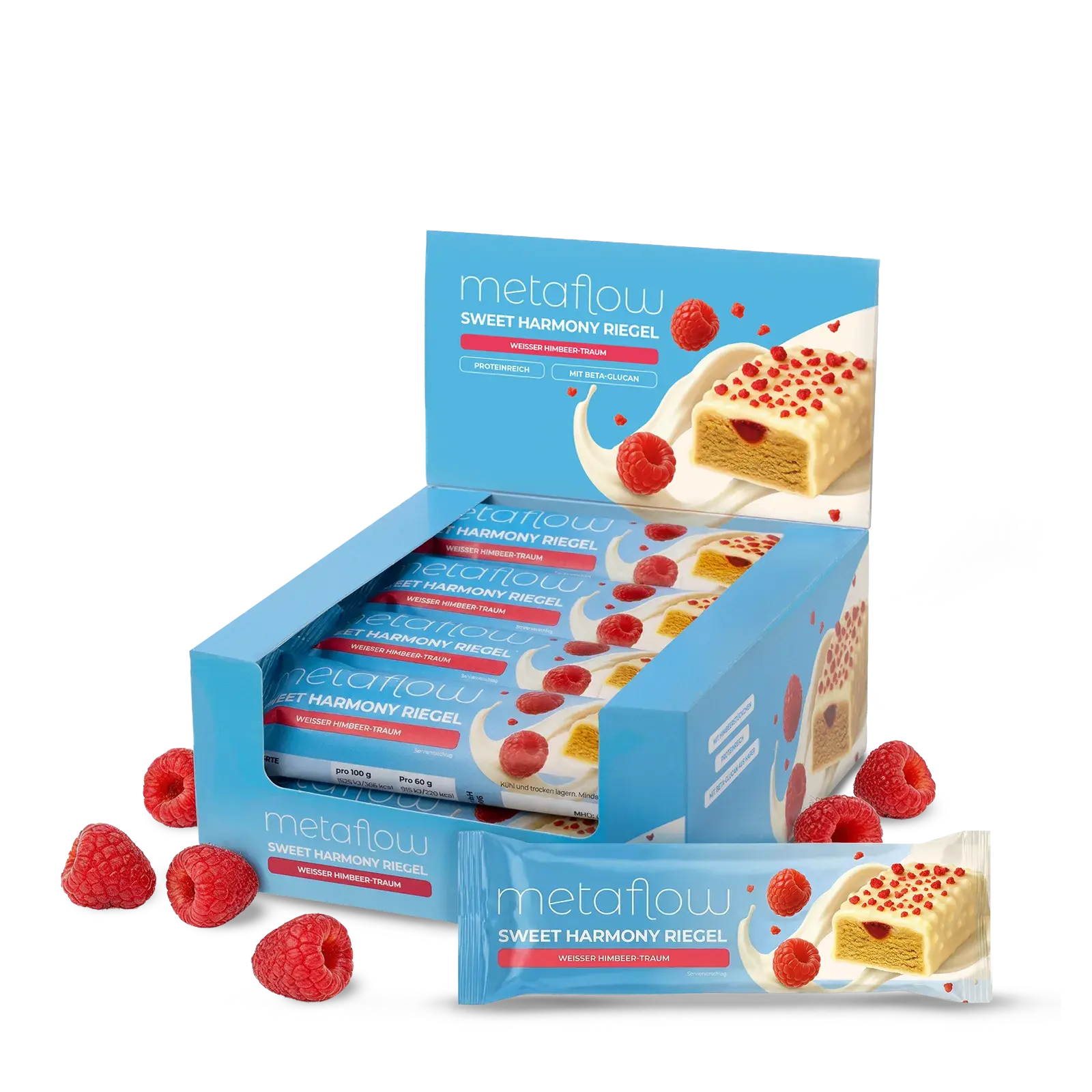 MetaFlow Sweet Harmony Riegel Weißer Himbeer-Traum in Displaybox – proteinreicher Snack mit Himbeeren und weißer Schokolade