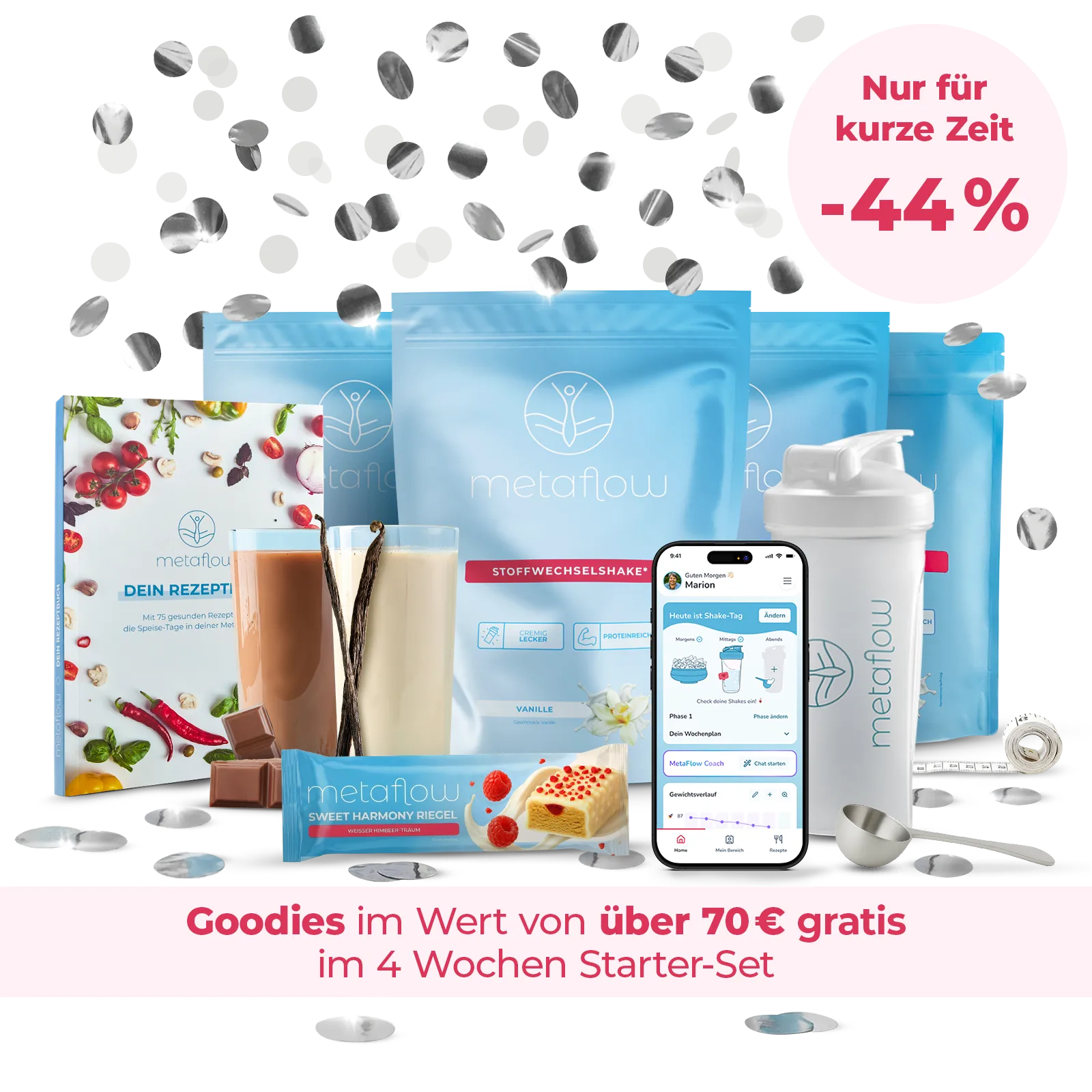 MetaFlow 4-Wochen-Starter-Set mit Stoffwechselshakes, Riegel, Shaker, Rezeptbuch und App – Neujahrsaktion 2025 mit Gratis-Goodies im Wert von über 70 Euro