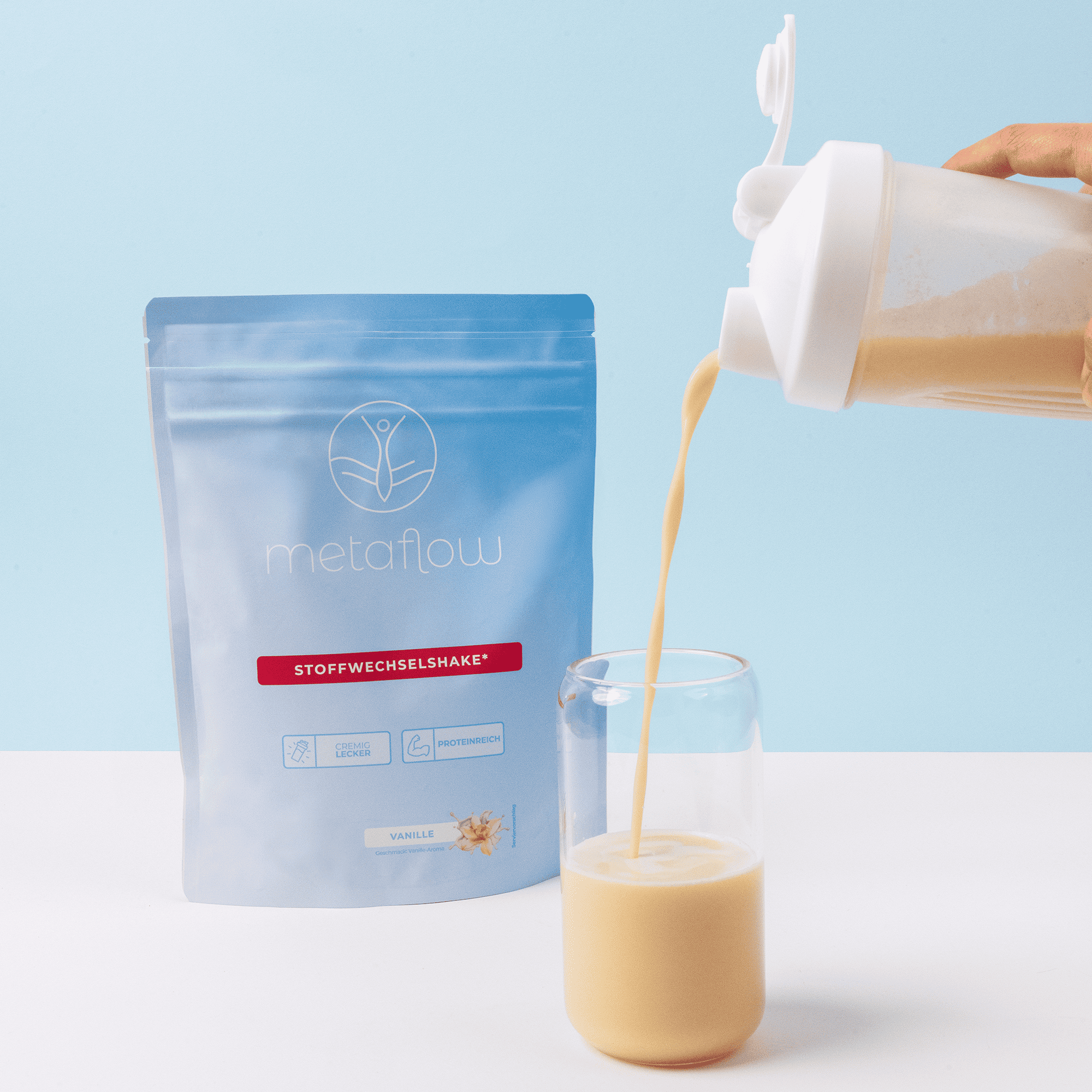 MetaFlow-Shake wird aus einem Shaker in ein Glas gegossen, daneben ein Beutel mit Shakepulver.