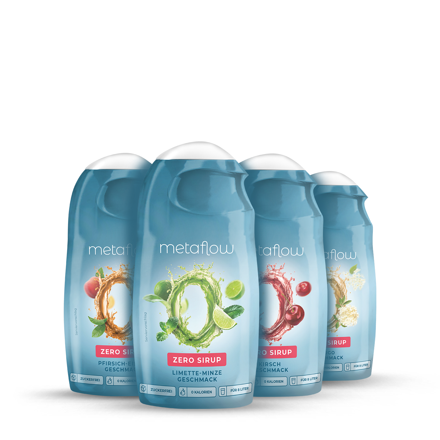 Mehrere MetaFlow Zero Sirup Flaschen in 65-ml-Größe in einer Reihe angeordnet, verschiedene Geschmacksrichtungen mit farbigen Frucht- und Kräutermotiven auf blauem Etikett, zuckerfrei und kalorienfrei