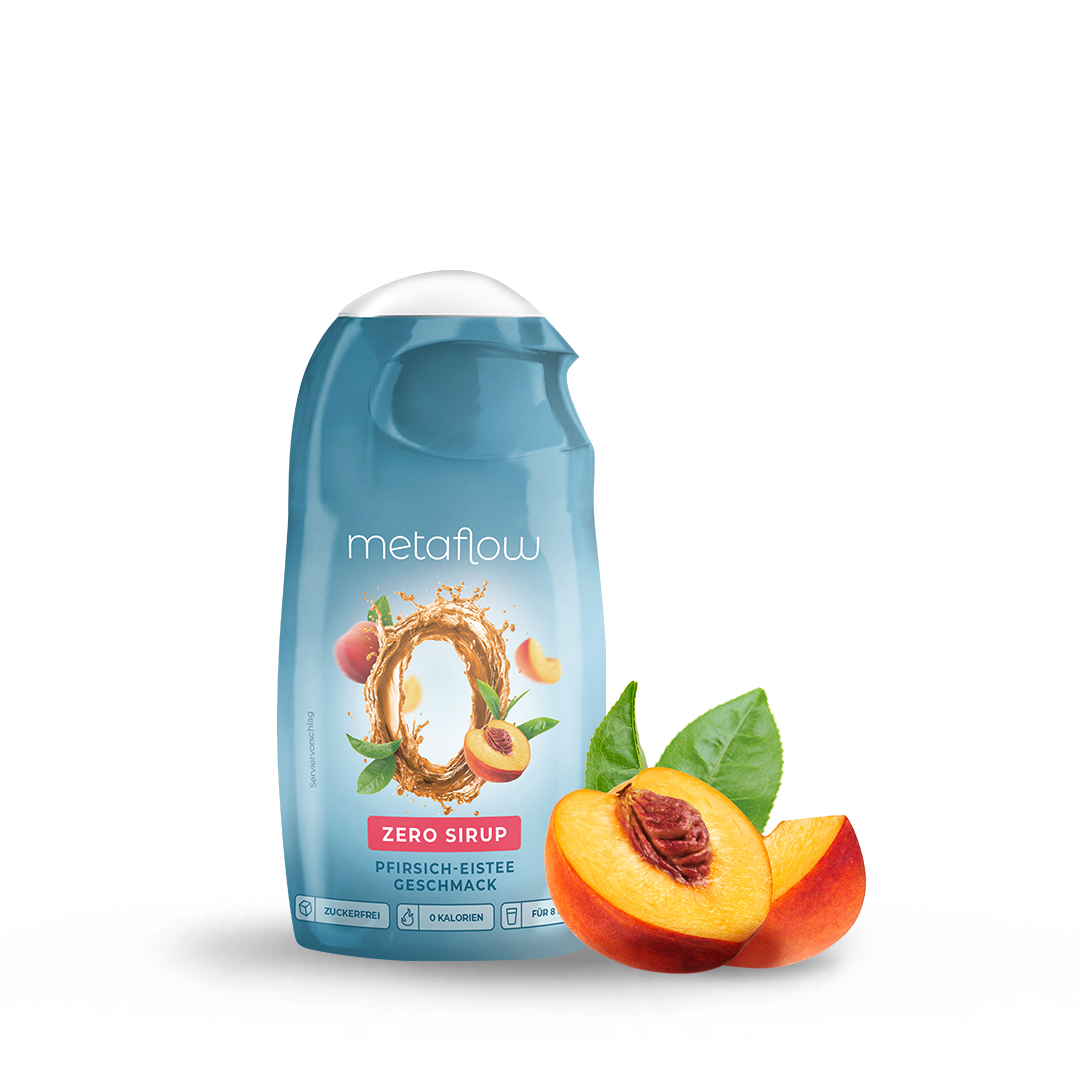 MetaFlow Zero Sirup Pfirsich-Eistee Geschmack in kompakter 65-ml-Flasche mit Pfirsichabbildung und blauem Etikett, zuckerfrei und kalorienfrei