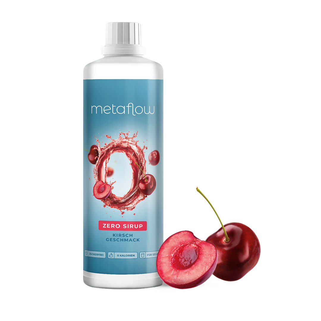 MetaFlow Zero Sirup mit Kirschgeschmack in 1-Liter-Flasche, rotes Kirschmotiv mit flüssigem O-Symbol auf blauem Etikett, zuckerfrei und kalorienfrei