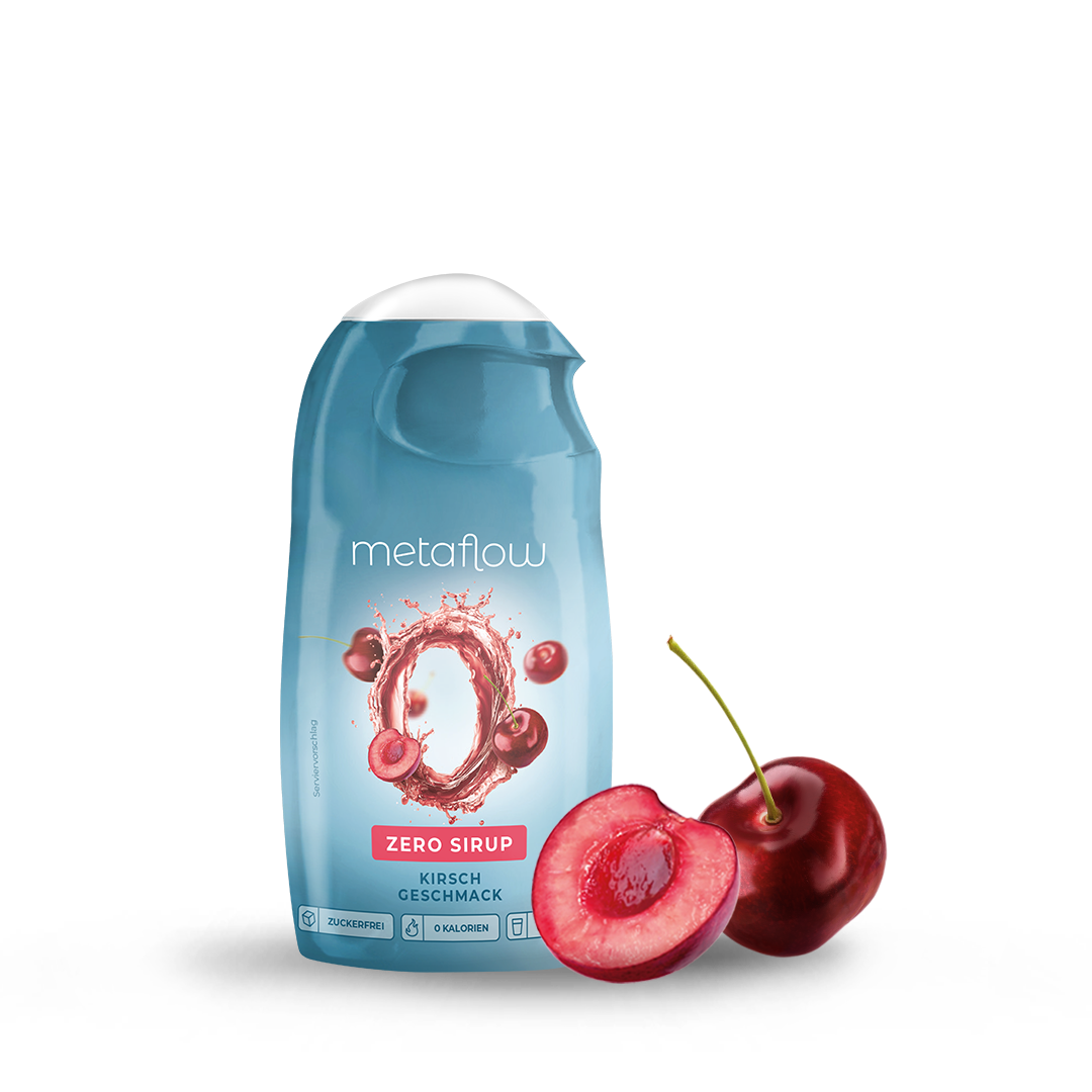 MetaFlow Zero Sirup Kirsche Geschmack in 65-ml-Flasche mit Kirschabbildung und charakteristischem O-Design, zuckerfrei und kalorienfrei