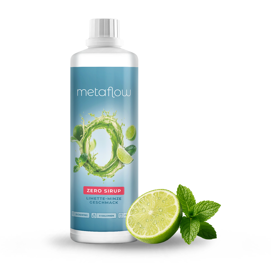 MetaFlow Zero Sirup Limette-Minze Geschmack in 1-Liter-Flasche, frisches Limetten- und Minzmotiv mit grünem flüssigem O-Symbol, zuckerfrei und kalorienfrei