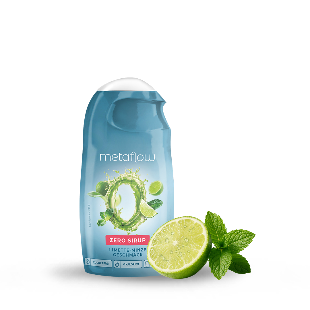 MetaFlow Zero Sirup Limette-Minze Geschmack in kompakter 65-ml-Flasche mit Limetten- und Minzabbildung, zuckerfrei und kalorienfrei