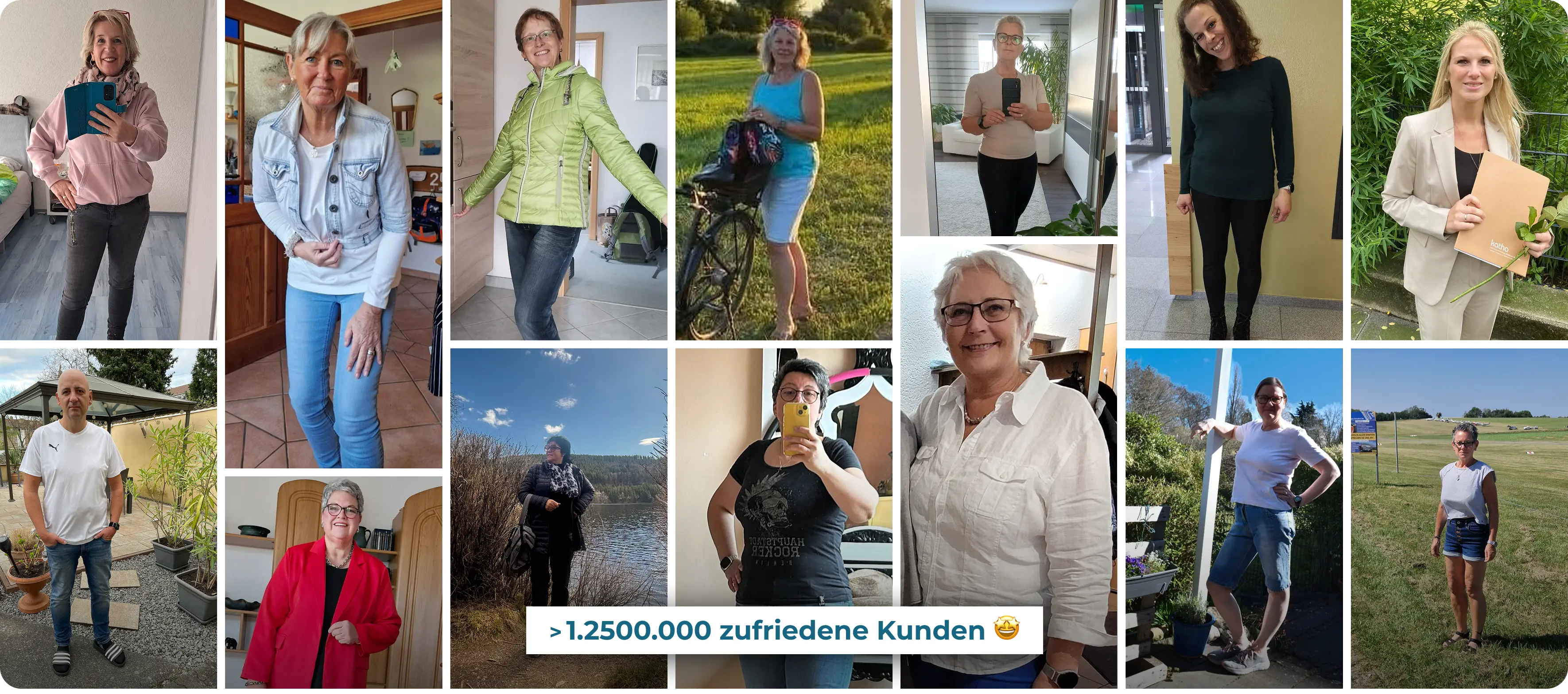 Header der Kundenbewertungen, der aus einer Collage mit Fotos besteht.Es sind einige lächelnde Kundinnen von MetaFlow zu sehen.