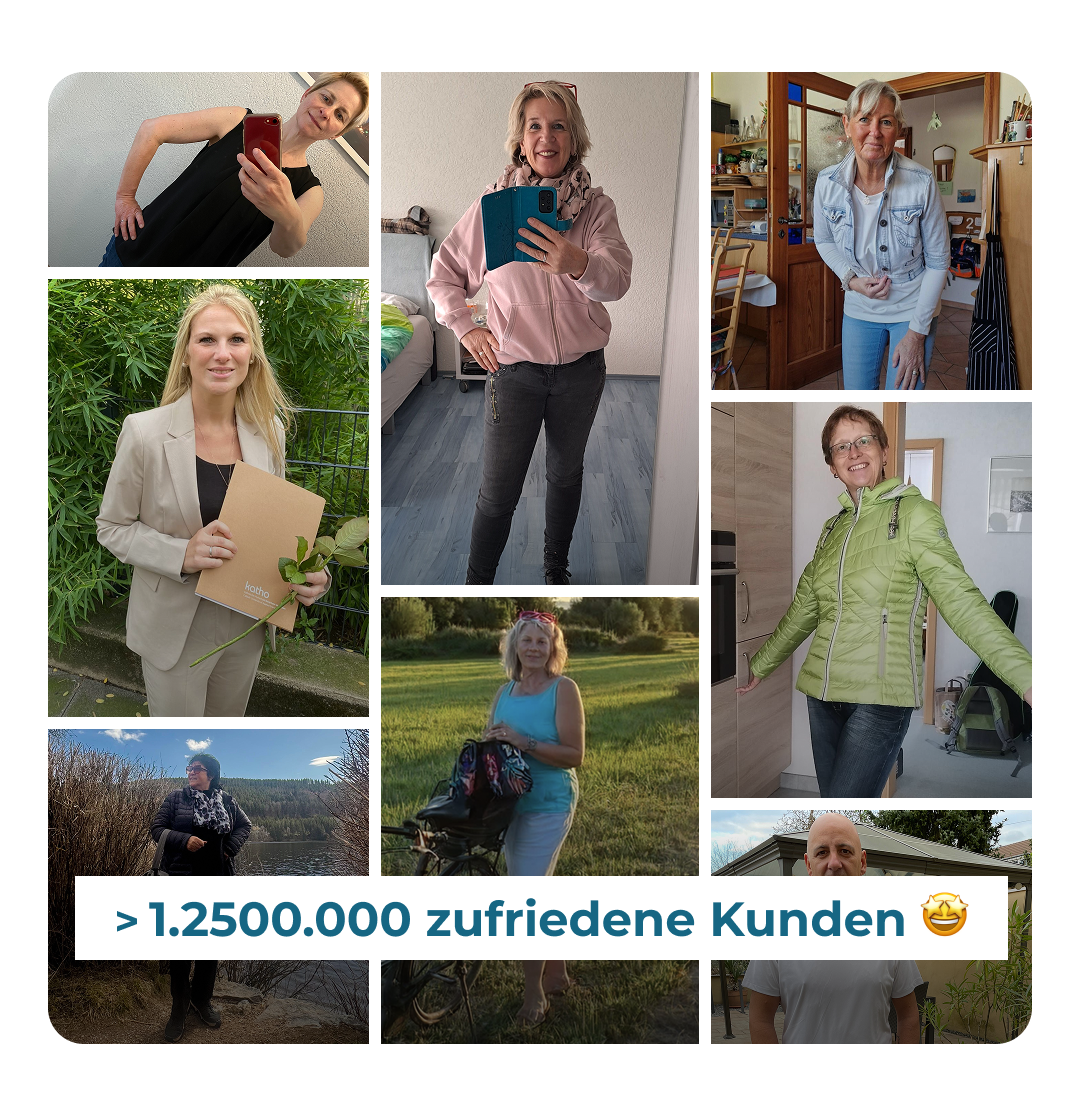 Header der Kundenbewertungen, der aus einer Collage mit Fotos besteht.Es sind einige lächelnde Kundinnen von MetaFlow zu sehen.