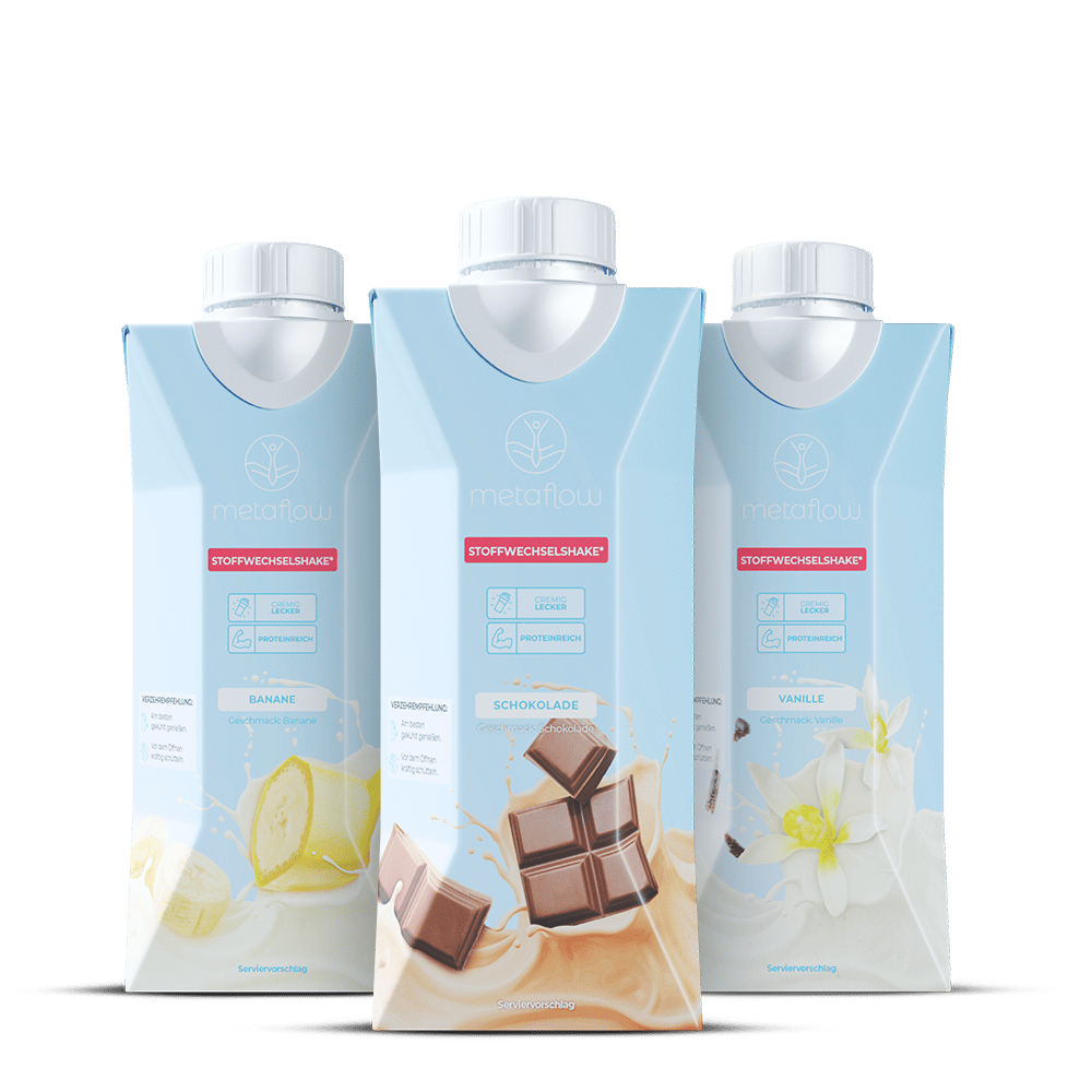 Drei trinkfertige MetaFlow-Shakes in den Sorten Banane, Vanille und Schokolade.