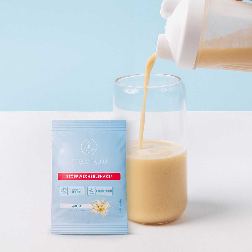 MetaFlow-Probierpackung, daneben Shake, der aus einem Shaker in ein Glas gegossen wird.