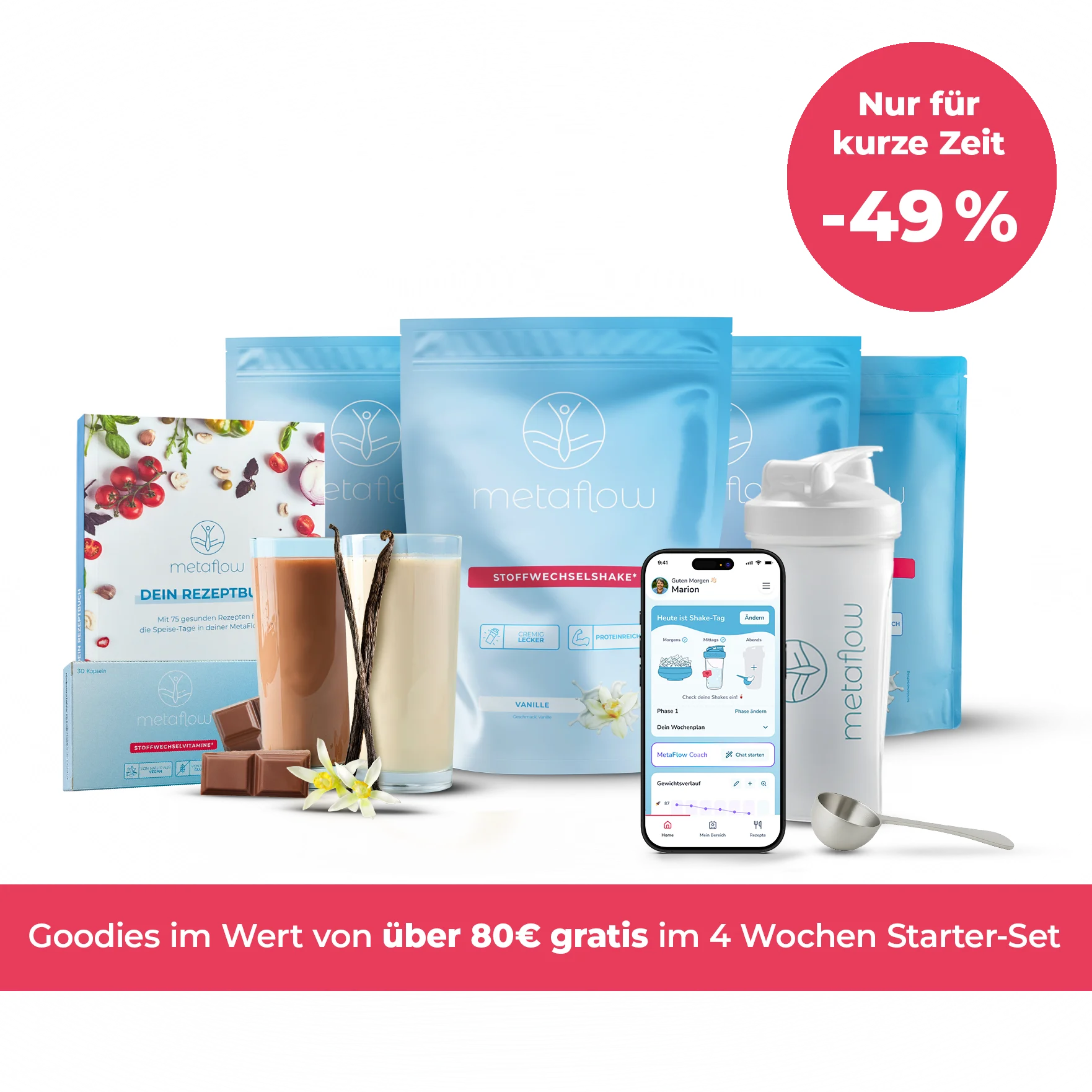 MetaFlow Starter-Set mit vier Beuteln, gratis Goodies, zwei Shakes im Glas und einem Handy mit der Metaflow App.