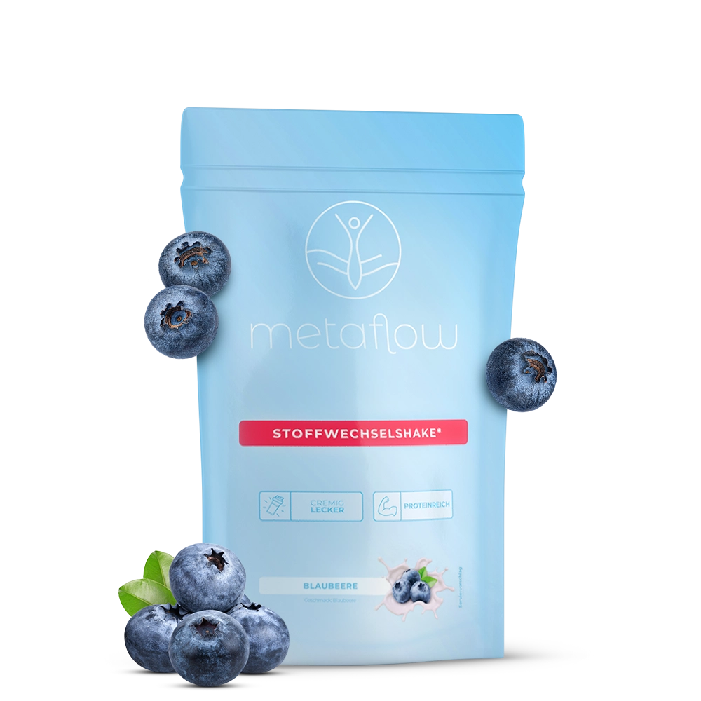 Metaflow Stoffwechselshake Blaubeere mit frischen Blaubeeren als Geschmacksillustration