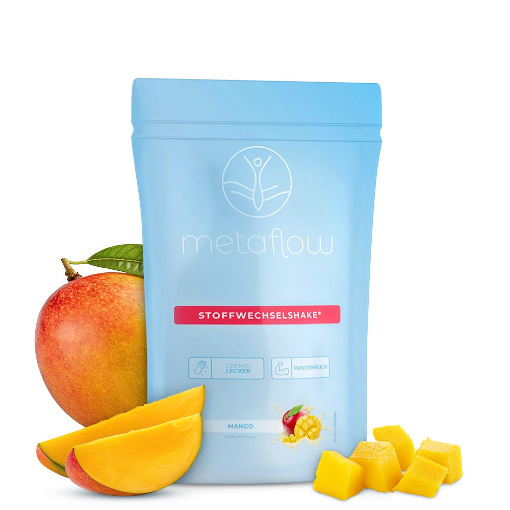 Metaflow Stoffwechselshake Mango mit frischer Mango und Mangostücken vor der Verpackung