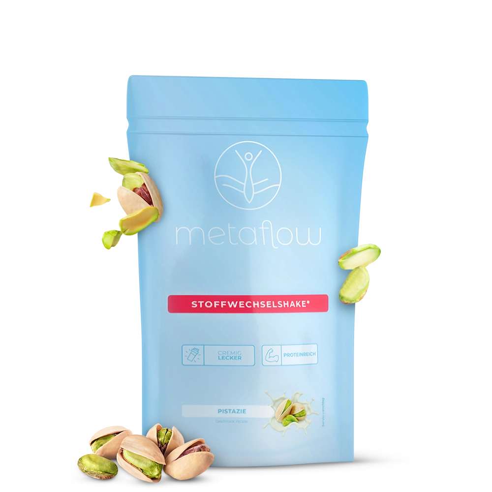 Metaflow Stoffwechselshake Pistazie mit geöffneten Pistazien als Geschmacksdarstellung