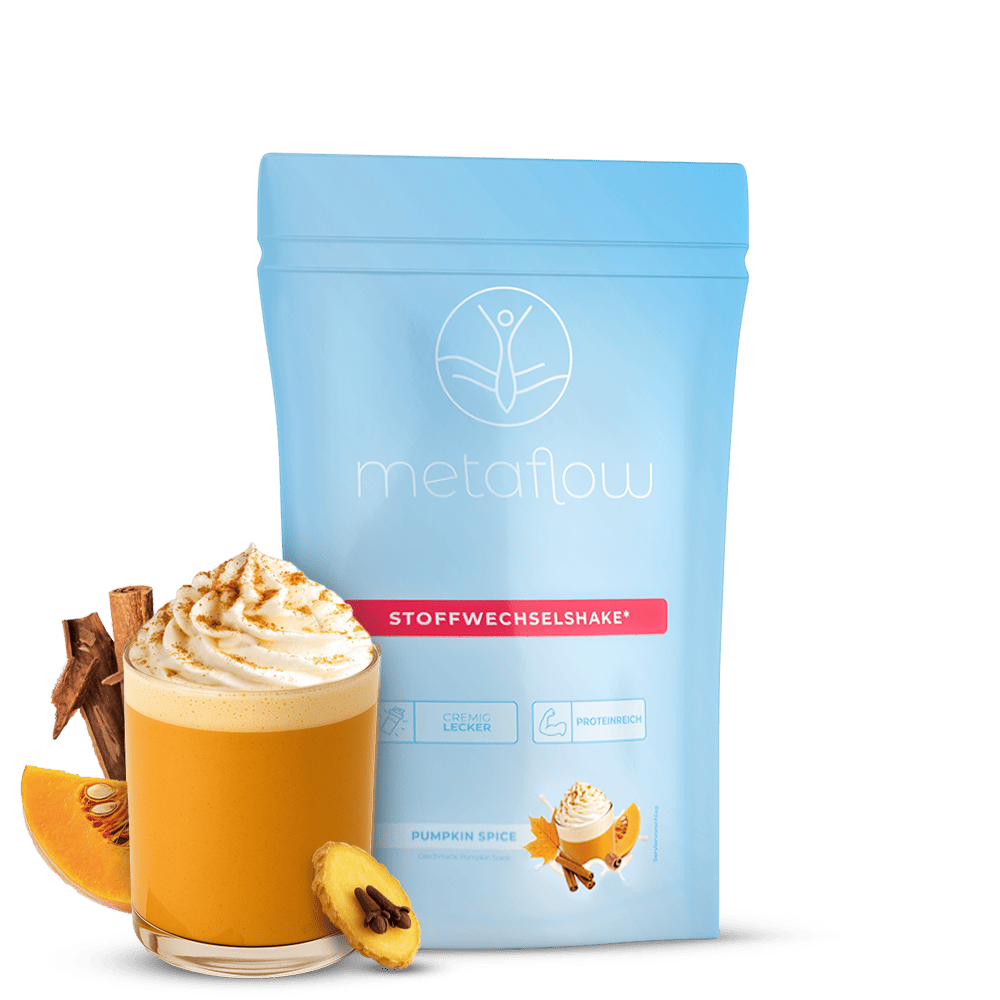 Ein Beutel MetaFlow Stoffwechselshake steht mittig, links neben dem Beitel steht ein mit Zimtstangen, Ingwer und einem Stück Kürbis verziertes Glas des Pumpkin Spice Shakes als Dekoration.