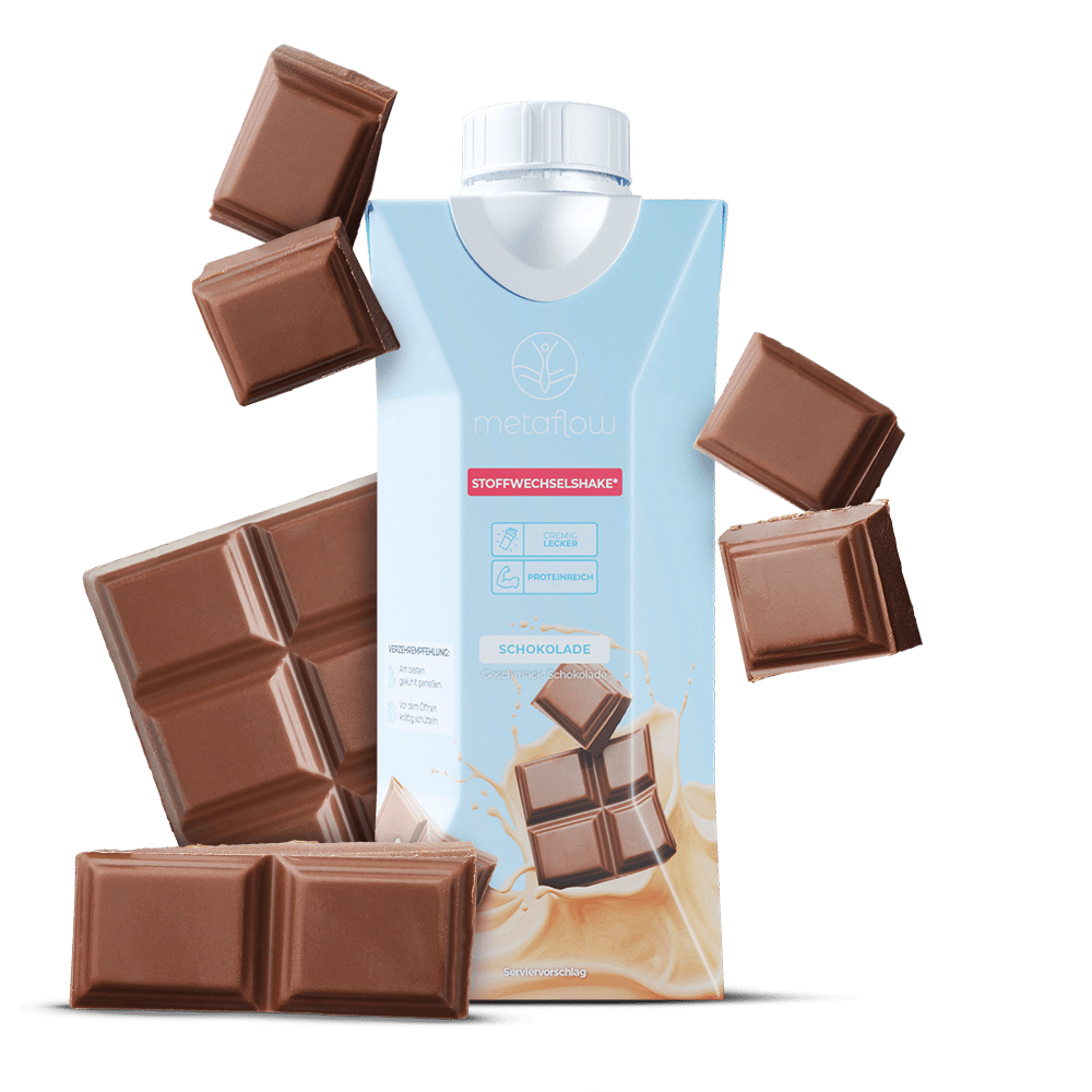 Trinkfertiger MetaFlow Stoffwechsel-Shake mit Schokoladen Stückchen daneben.