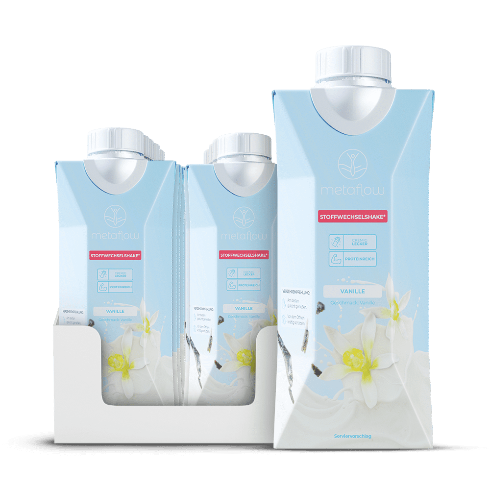 Zehn MetaFlow Trinkfertige Shakes in der Geschmacksrichtung Vanille.