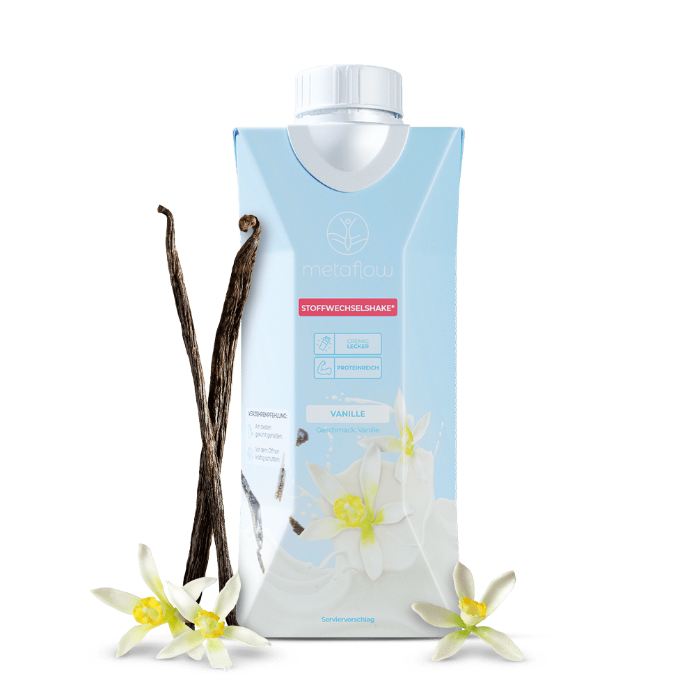 Trinkfertiger MetaFlow Stoffwechsel-Shake mit einer Vanilleschote und Vanilleblüten daneben.