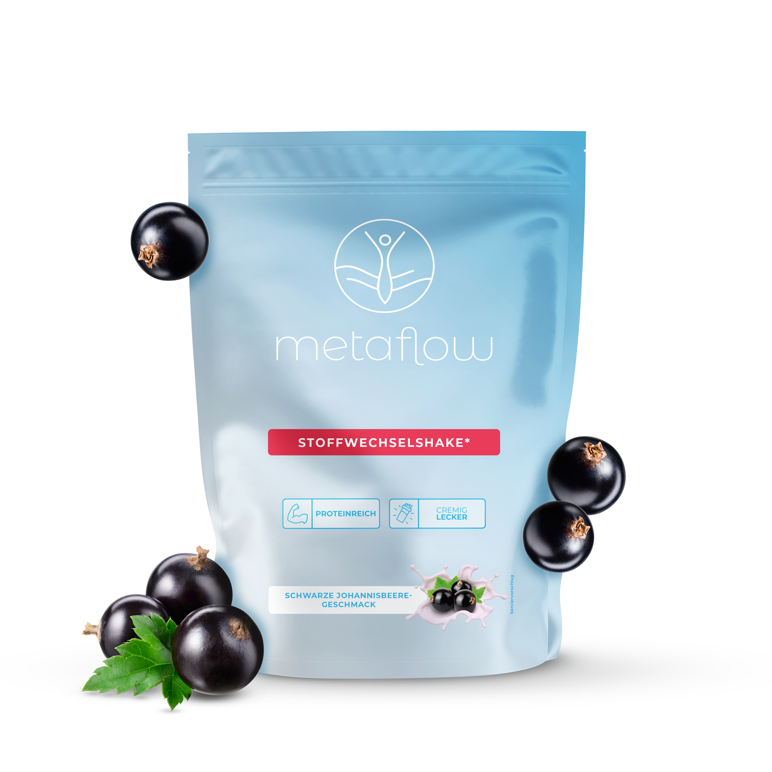 Ein Beutel MetaFlow Stoffwechsel-Shake mit Schwarzen Johannisbeeren