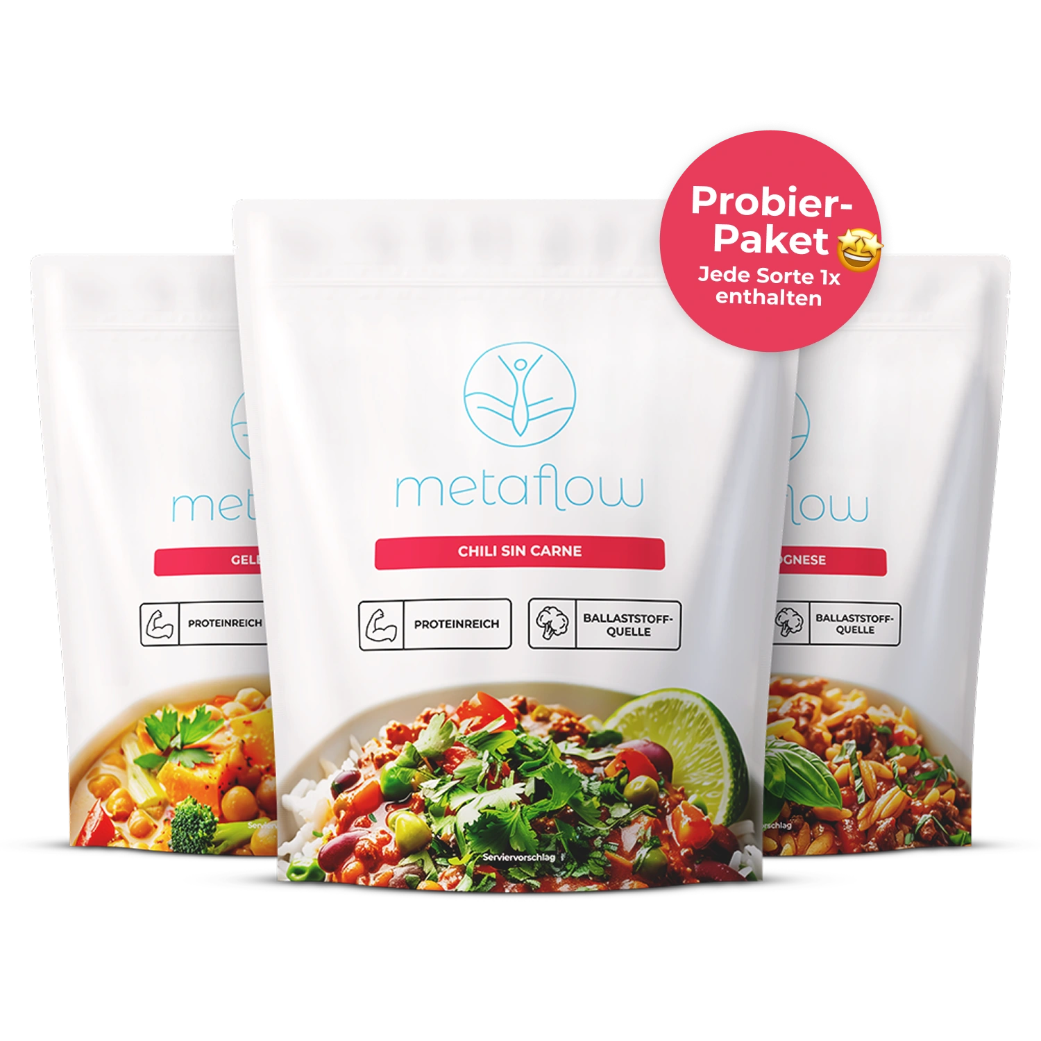 Drei metaflow Ready-to-Eat-Mahlzeiten im weißen Beutel – Chili sin Carne, Gelbes Curry und Linsen Bolognese – nebeneinander arrangiert. Aufdruck mit metaflow-Logo, Produktnamen und Icons ‚proteinreich‘ und ‚Ballaststoffquelle‘. Rotes Label: ‚Probier-Box – Jede Sorte 1x enthalten‘.