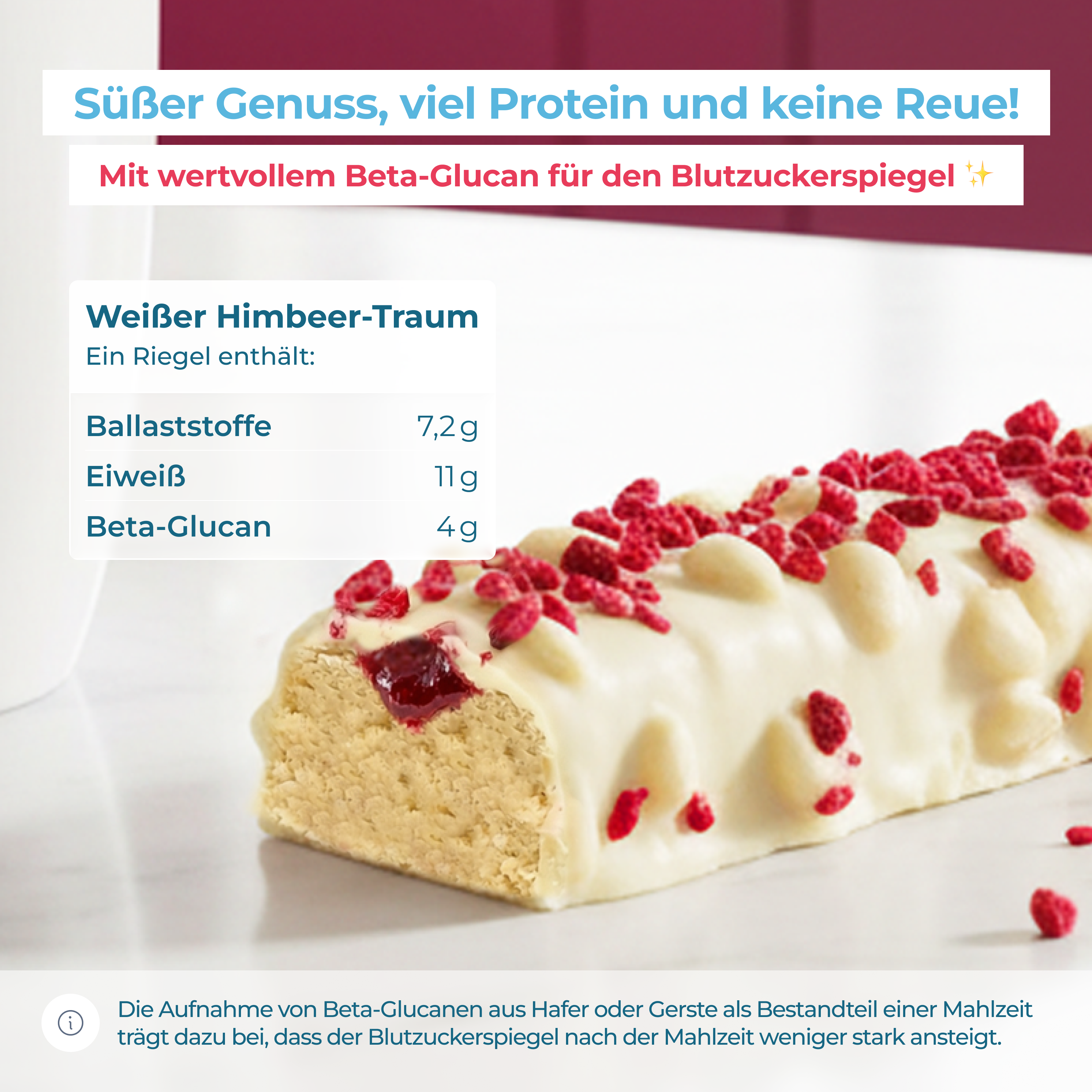 Proteinreicher Genussriegel von metaflow mit Beta-Glucan zur Unterstützung eines stabilen Blutzuckerspiegels
