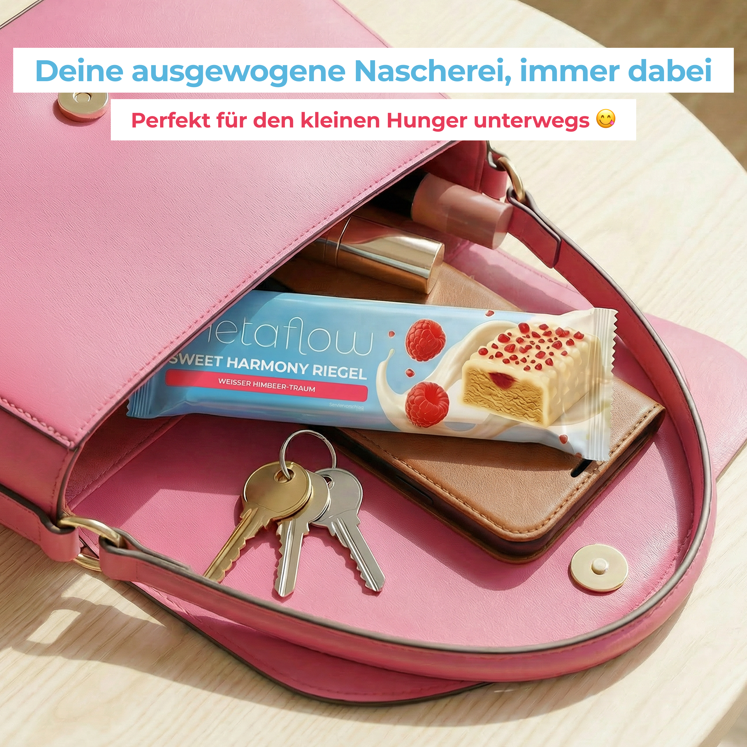 MetaFlow Sweet Harmony Proteinriegel als Snack für unterwegs in Handtasche – ideal für den kleinen Hunger