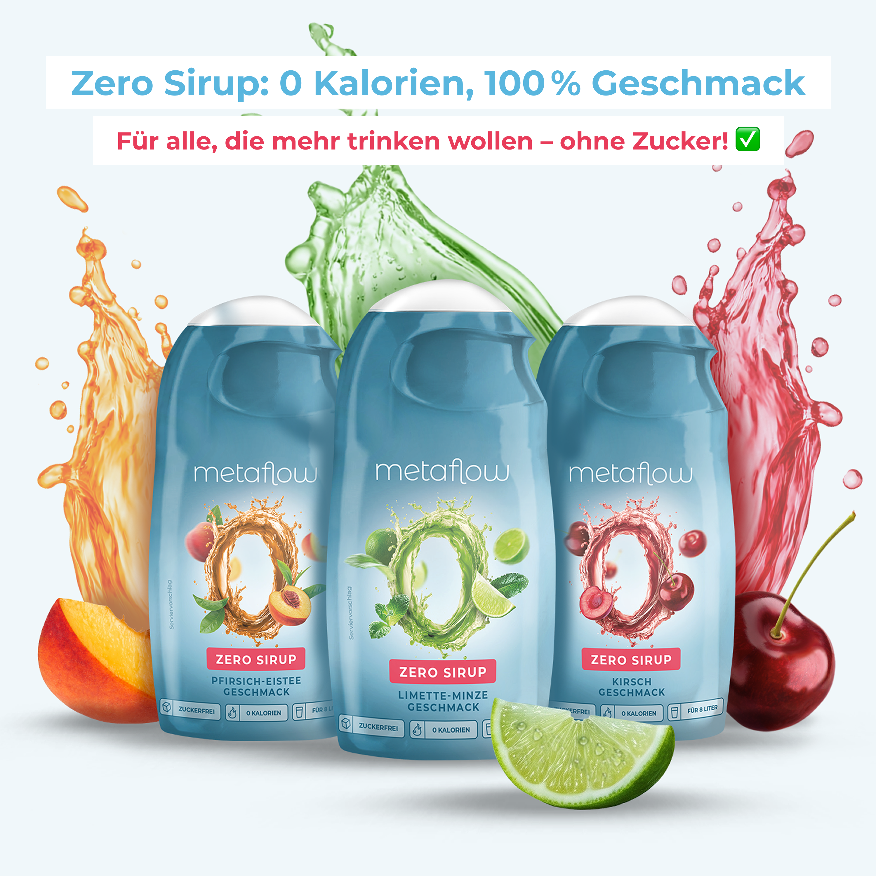 Drei MetaFlow Zero Sirup Flaschen mit den Geschmacksrichtungen Pfirsich-Eistee, Limette-Minze und Kirsche vor farbigen Flüssigkeitssplashes und Fruchtmotiven, Hinweis auf 0 Kalorien und zuckerfreien Sirup