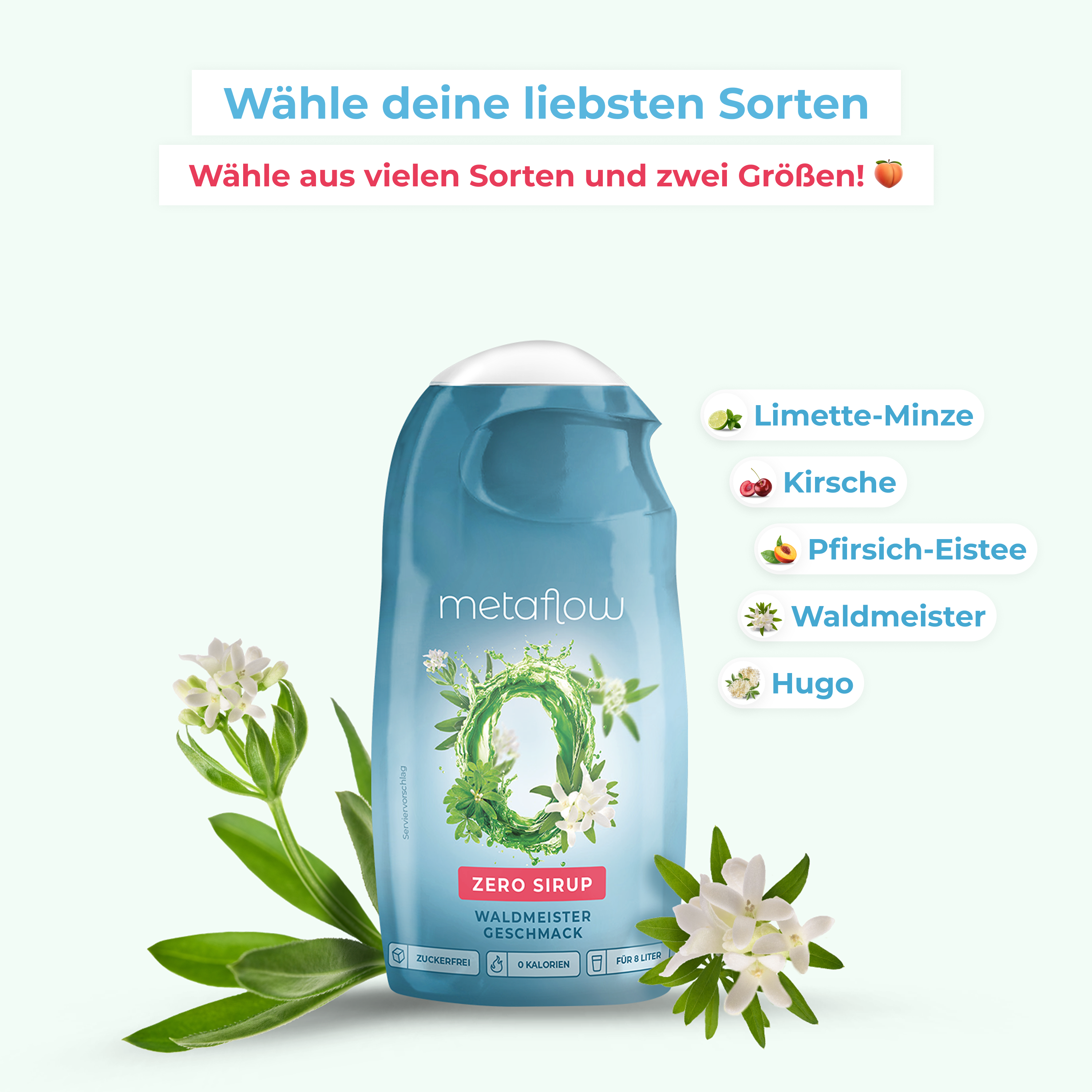 MetaFlow Zero Sirup Flasche Waldmeister im Vordergrund, daneben eine Übersicht der verfügbaren Geschmacksrichtungen Limette-Minze, Holunderblüte, Pfirsich-Eistee, Waldmeister und Kirsche