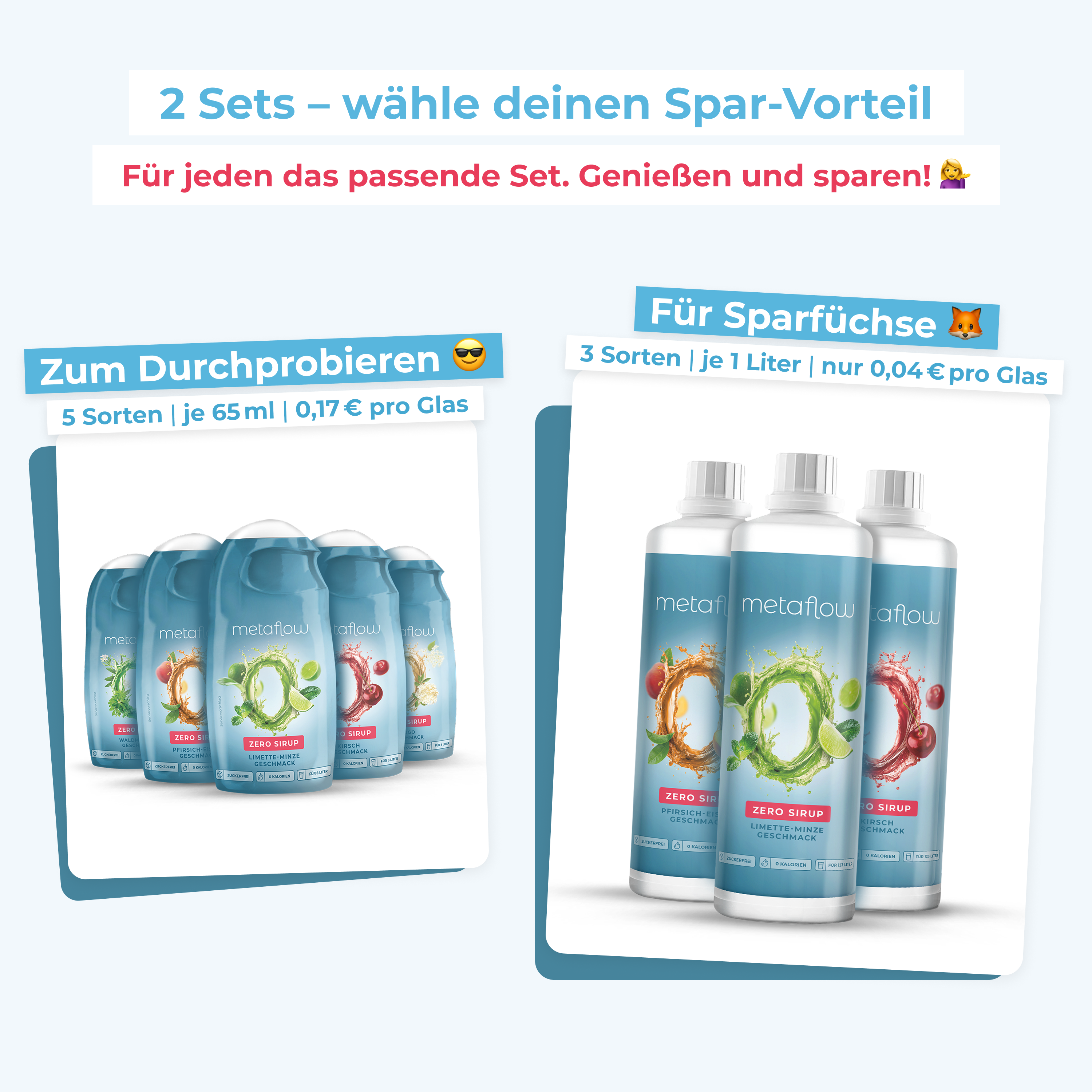 MetaFlow Zero Sirup Probier-Set mit fünf 65-ml-Flaschen verschiedener Geschmacksrichtungen, dargestellt als Set zum Durchprobieren. Daneben das MetaFlow Zero Sirup Spar-Set mit drei 1-Liter-Flaschen in unterschiedlichen Geschmacksrichtungen, dargestellt als Vorteilspack für regelmäßige Nutzung