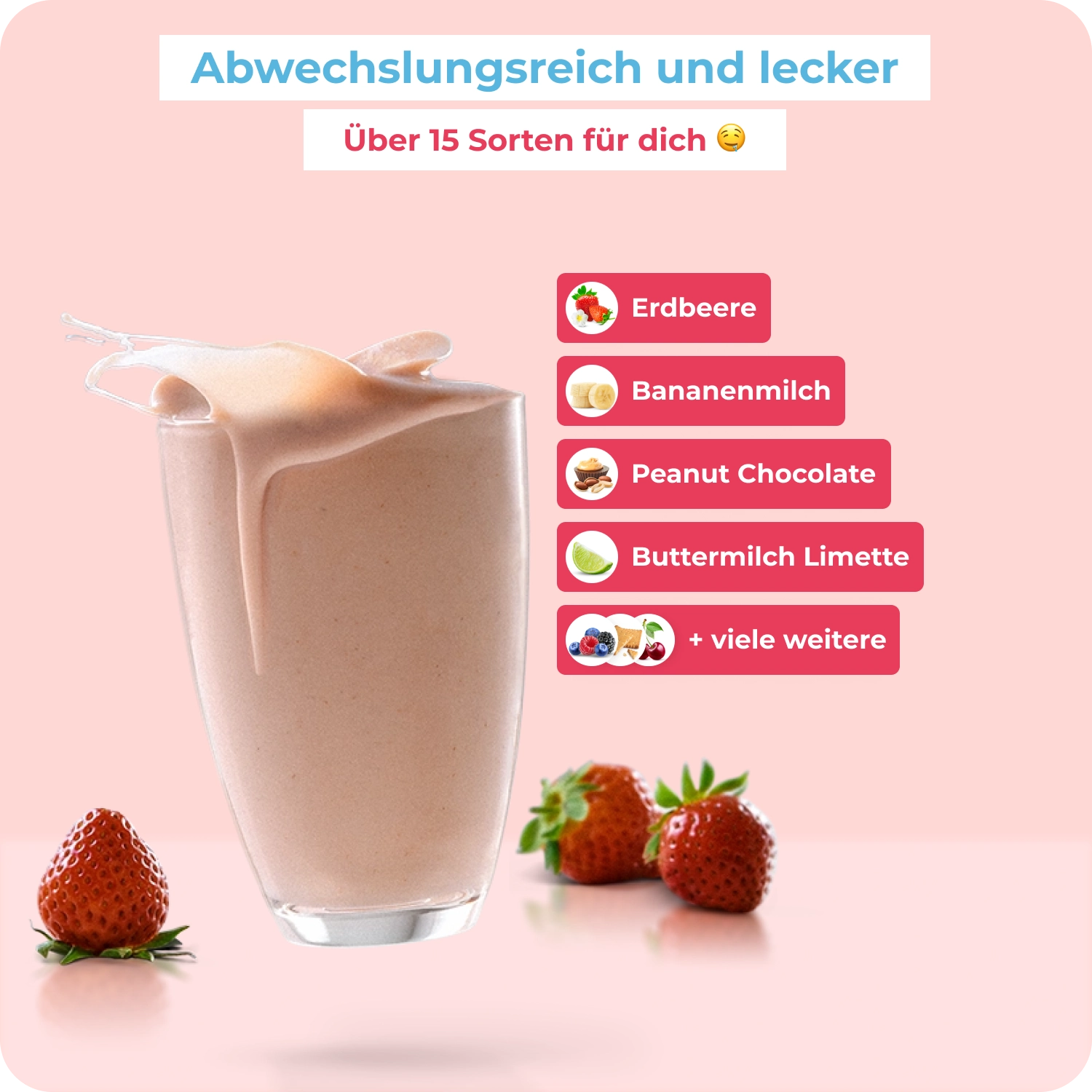 Ein MetaFlow Shake Erdbeere in einem Glas. Daneben sind alternative Geschmäcker wie Bananenmilch, Peanut Chocolate, Buttermilch Limette und viele weitere angegeben.
