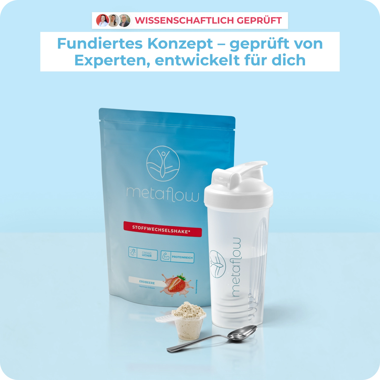 Ein Beutel MetaFlow steht neben einem Shaker. Daneben liegt ein Löffel und ein Scoup mit Pulver darin. Die Überschrift lautet: Wissenschaftlich geprüft. Fundiertes Konzept - geprüft von Experten, entwickelt für dich.