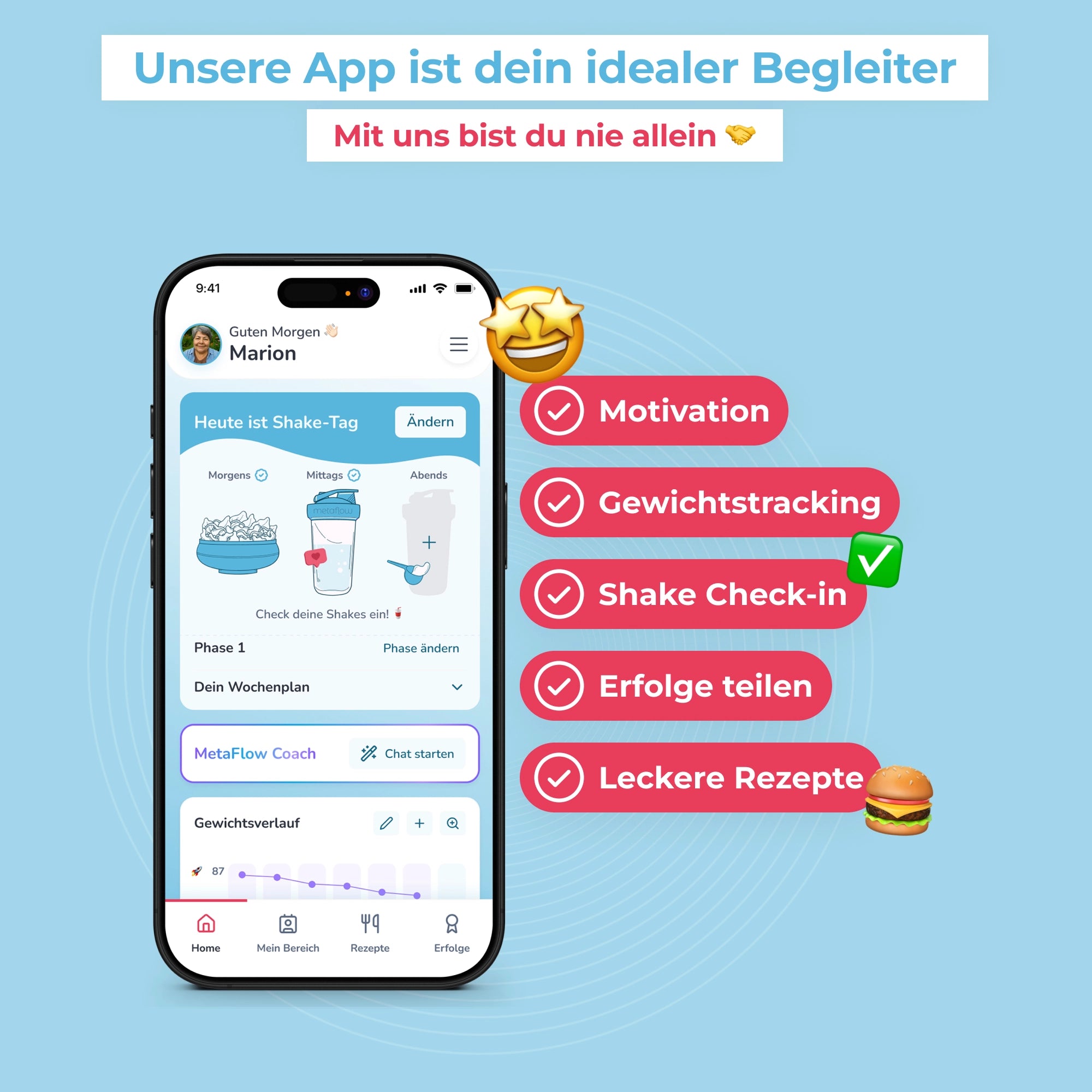 Ein Handy mit einem Screenshot der MetaFlow App ist auf blauem Hintergrund abgebildet. Daneben stehen die Vorteile der App, Motivation, Gewichtstracking, Shake Check-in, Einfach zum Ziel und Leckere Rezepte. Die Überschrift des Bildes lautet Unsere App ist dein idealer Begleiter, mit uns bist du nie allein.