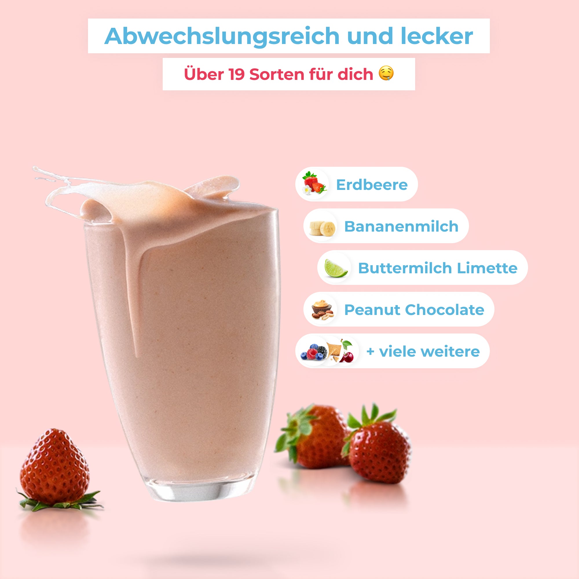 MetaFlow Stoffwechselshake als cremiger Shake im Glas, umgeben von frischen Erdbeeren, mit Hinweis auf über 15 leckere Sorten