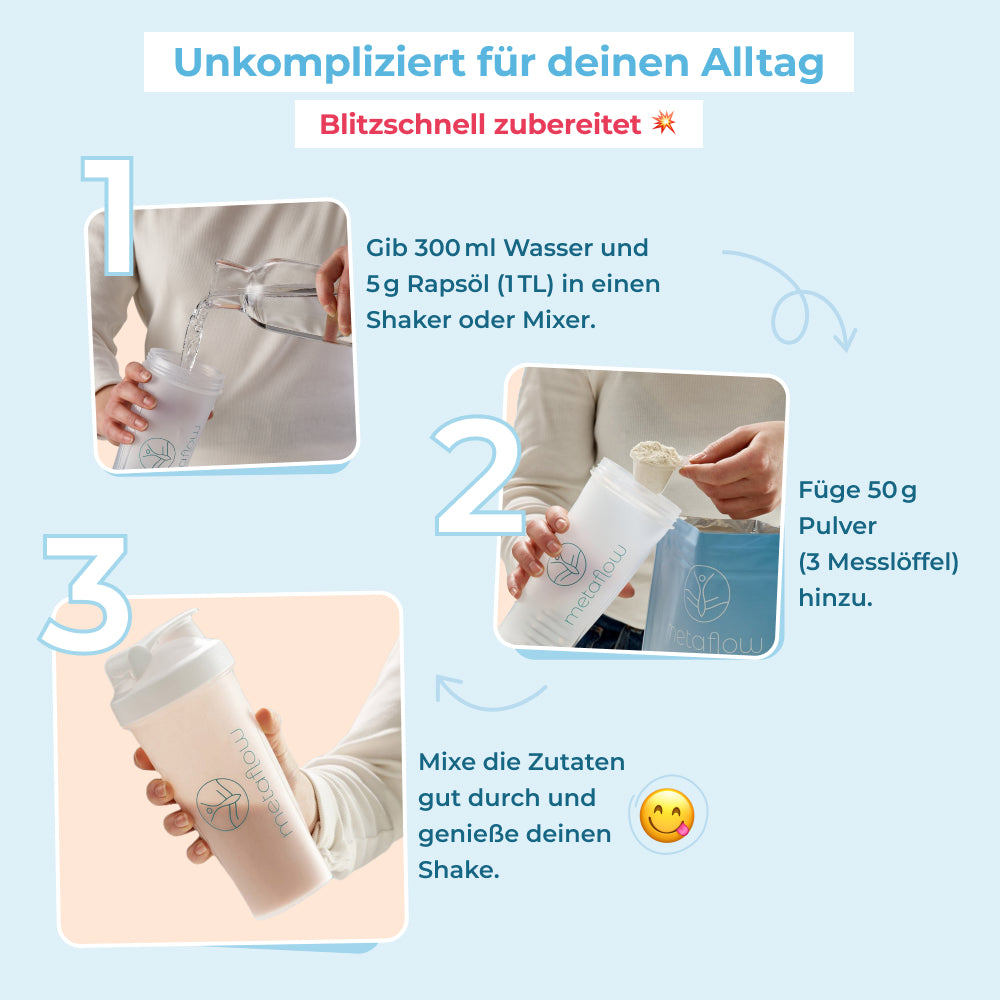 Schritt-für-Schritt-Zubereitung des MetaFlow Stoffwechselshakes im Shaker mit Wasser, Rapsöl und Pulver