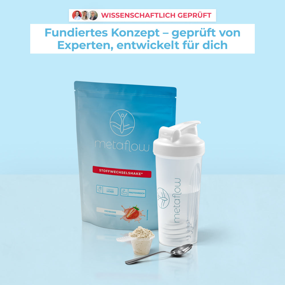 MetaFlow Stoffwechselshake Verpackung mit Erdbeer-Geschmack, Messlöffel und Shaker vor hellem Hintergrund