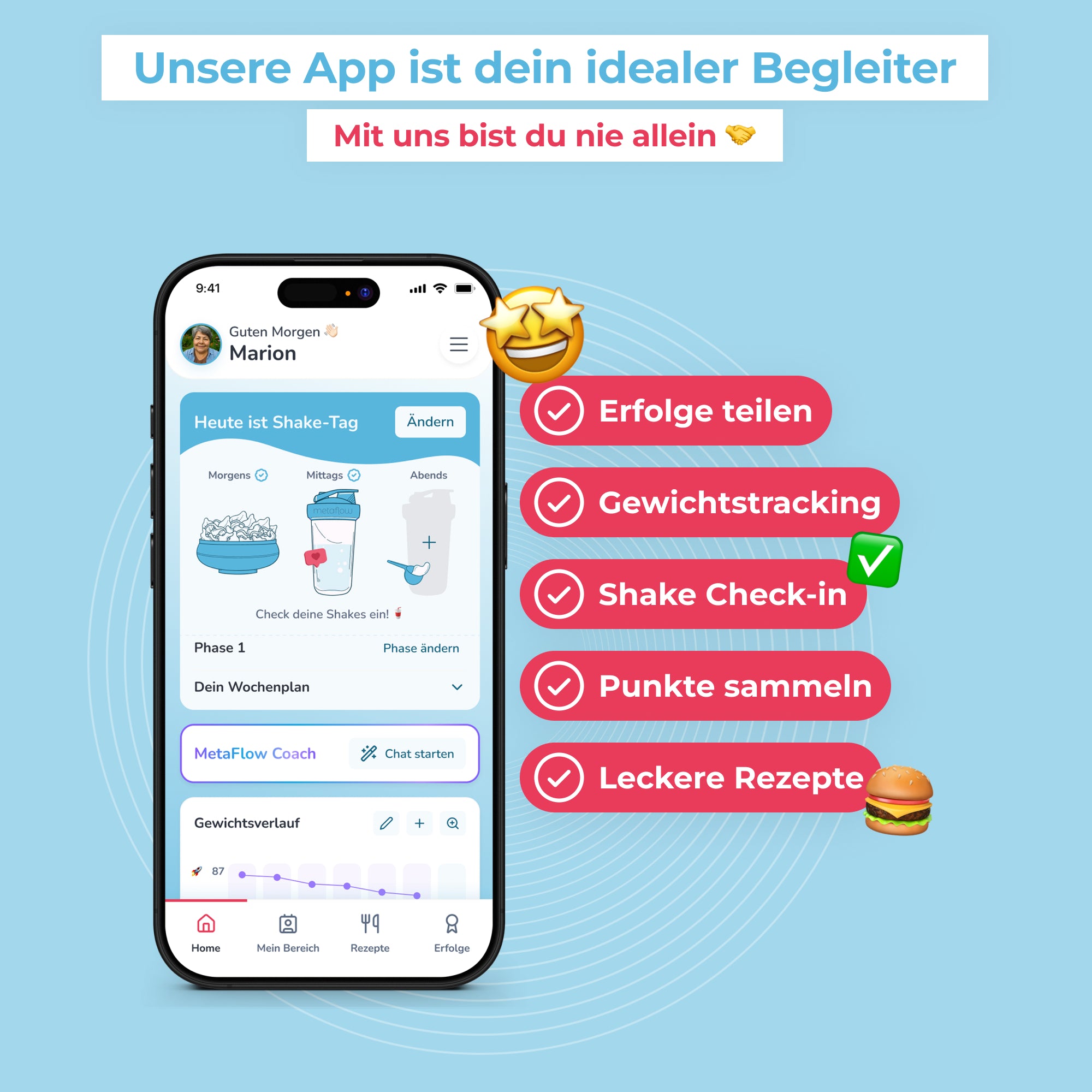 MetaFlow App auf Smartphone mit Funktionen wie Motivation, Gewichtstracking, Shake-Check-in und Rezeptideen