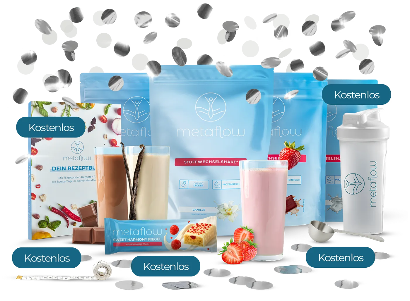MetaFlow 4-Wochen-Starter-Set mit Stoffwechselshakes, Riegel, Shaker, Rezeptbuch und App – Neujahrsaktion 2025 mit Gratis-Goodies im Wert von über 70 Euro