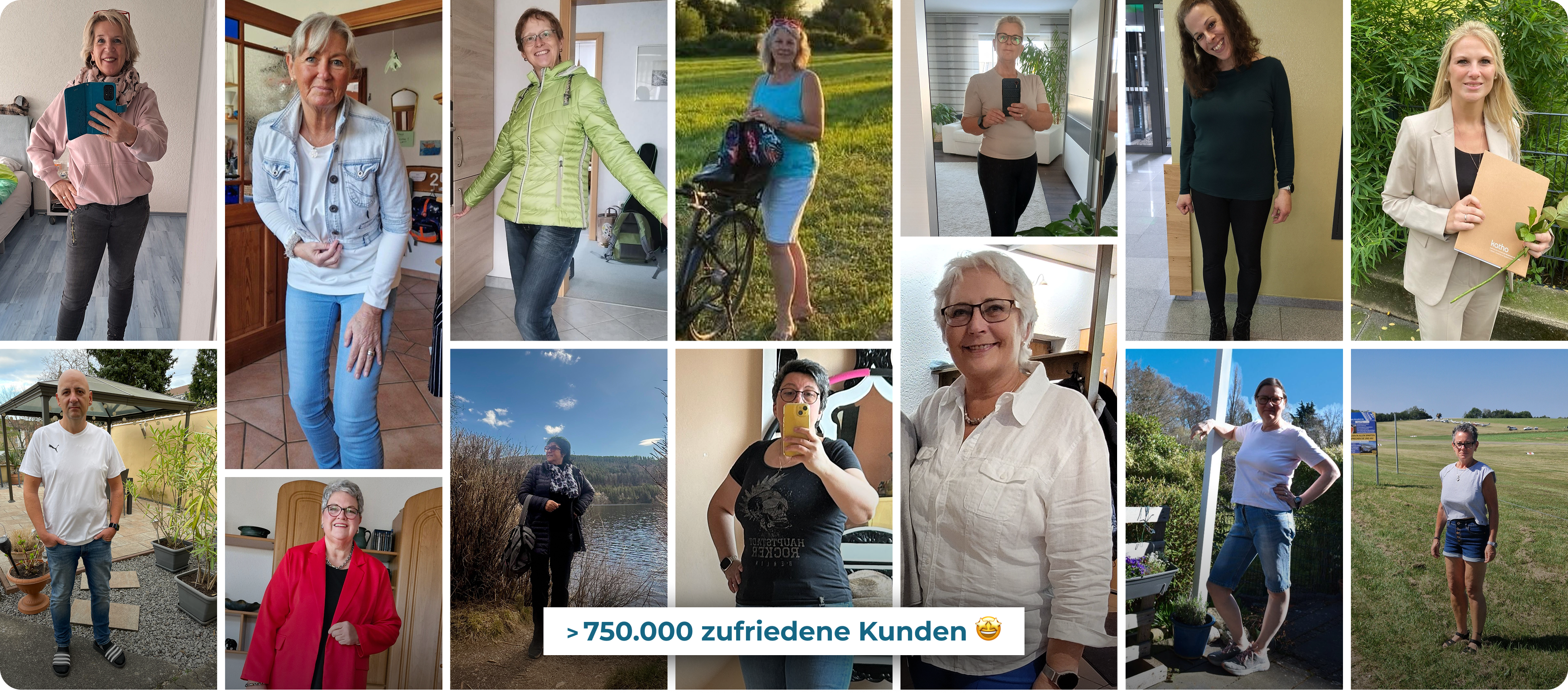 Collage aus 14 Bilder von glücklichen Frauen und Männern, verschiedenen Alters und Statur