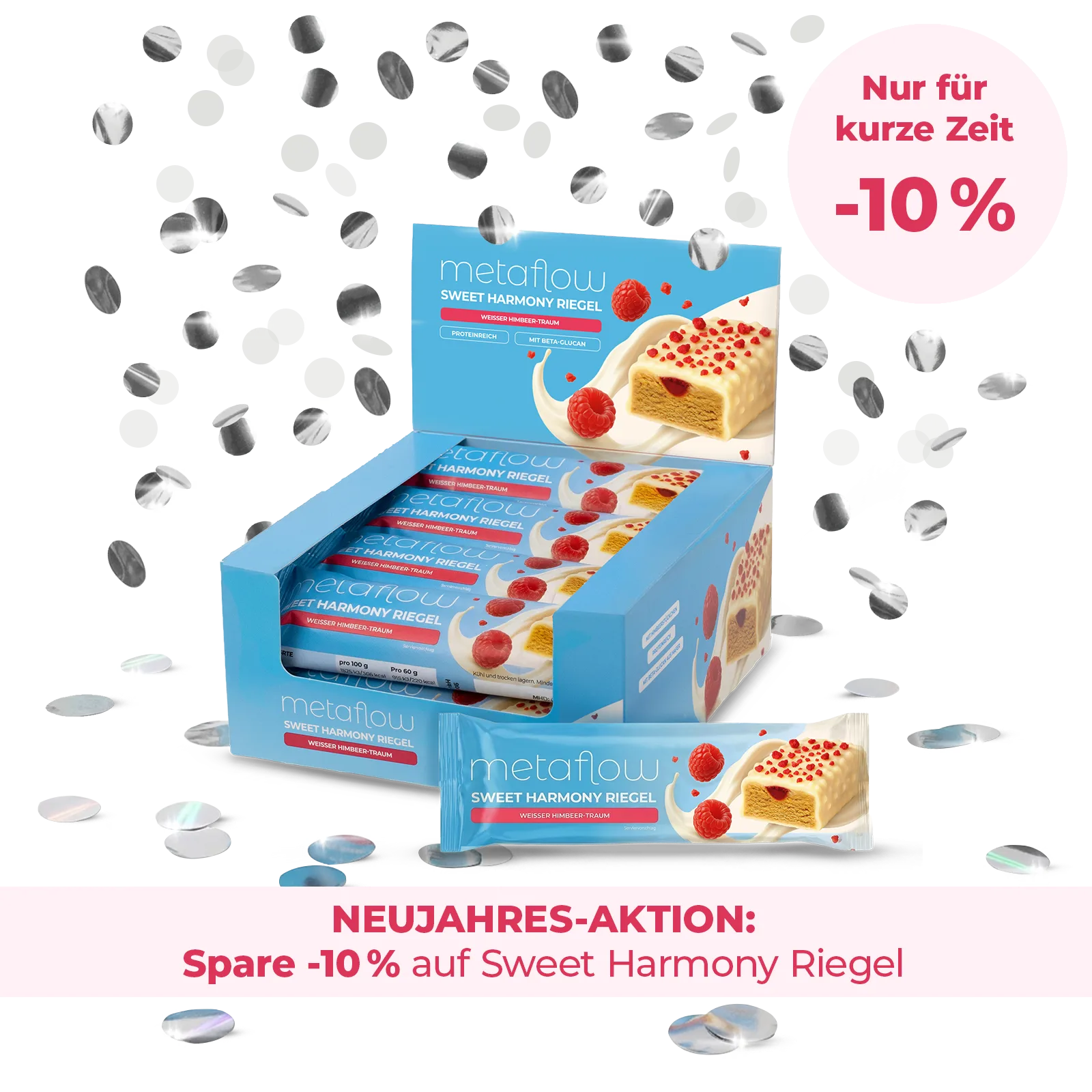 MetaFlow Sweet Harmony Riegel Weißer Himbeer-Traum in Displaybox – Neujahrsaktion 2025 mit 10 % Rabatt auf proteinreichen Genussriegel