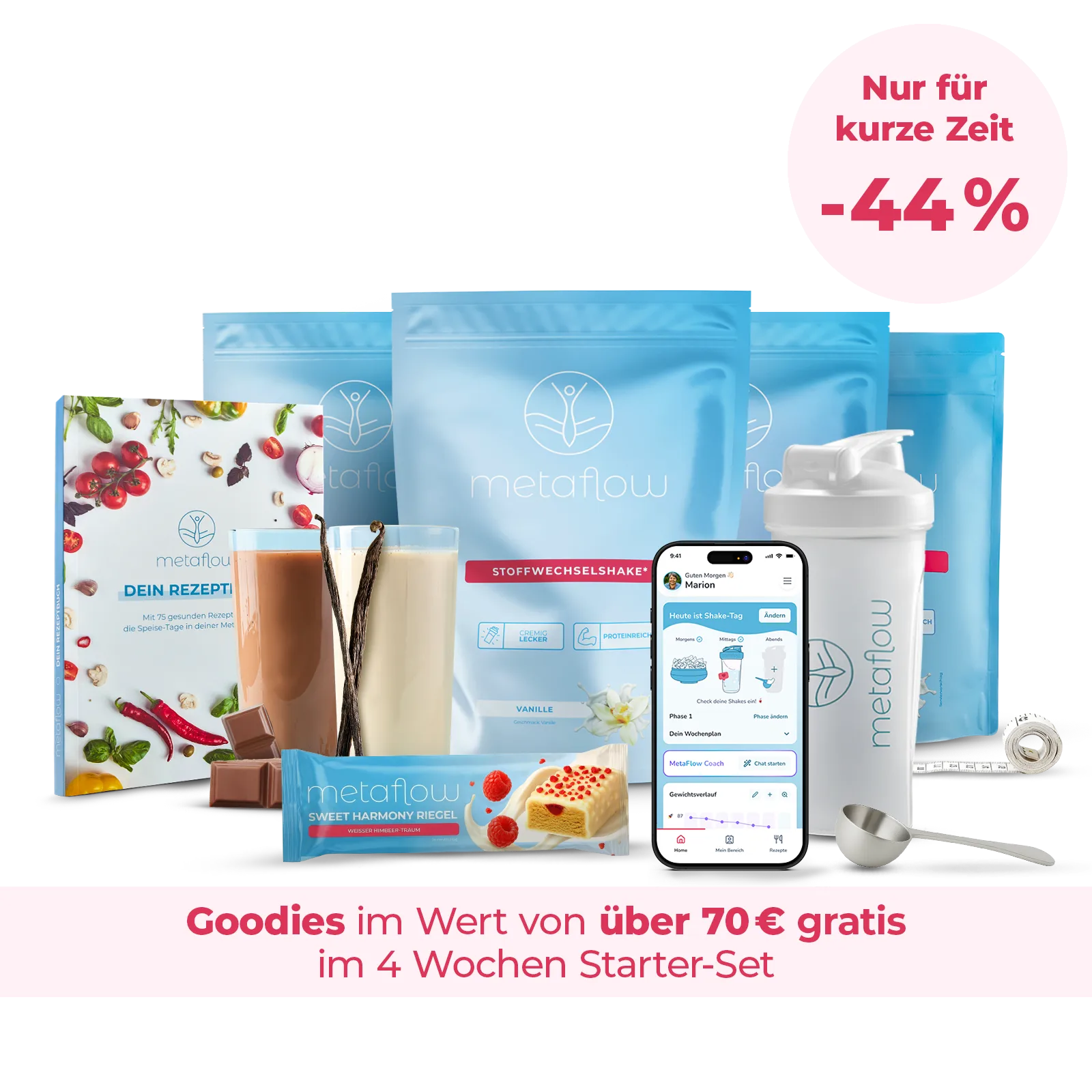 MetaFlow 4-Wochen-Starter-Set mit Stoffwechselshake, Sweet Harmony Riegel, Shaker und App-Coaching – Neujahrsaktion 2025 mit über 70 Euro Gratis-Goodies