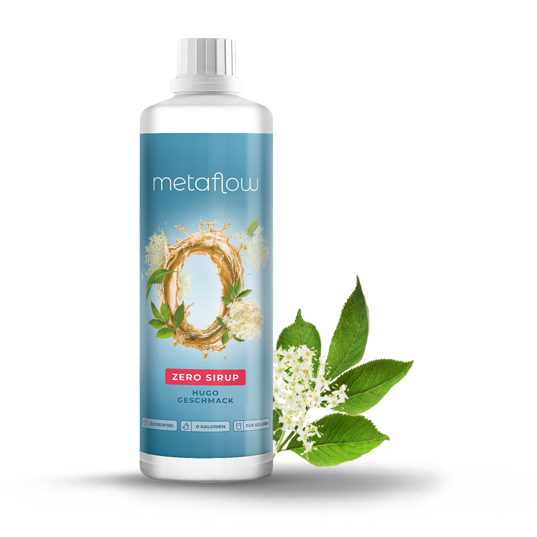 MetaFlow Zero Sirup mit Hugo Geschmack in einer 1-Liter-Flasche, Etikett mit Holunderblüten, grünen Blättern und flüssigem O-Design, zuckerfrei und kalorienfrei