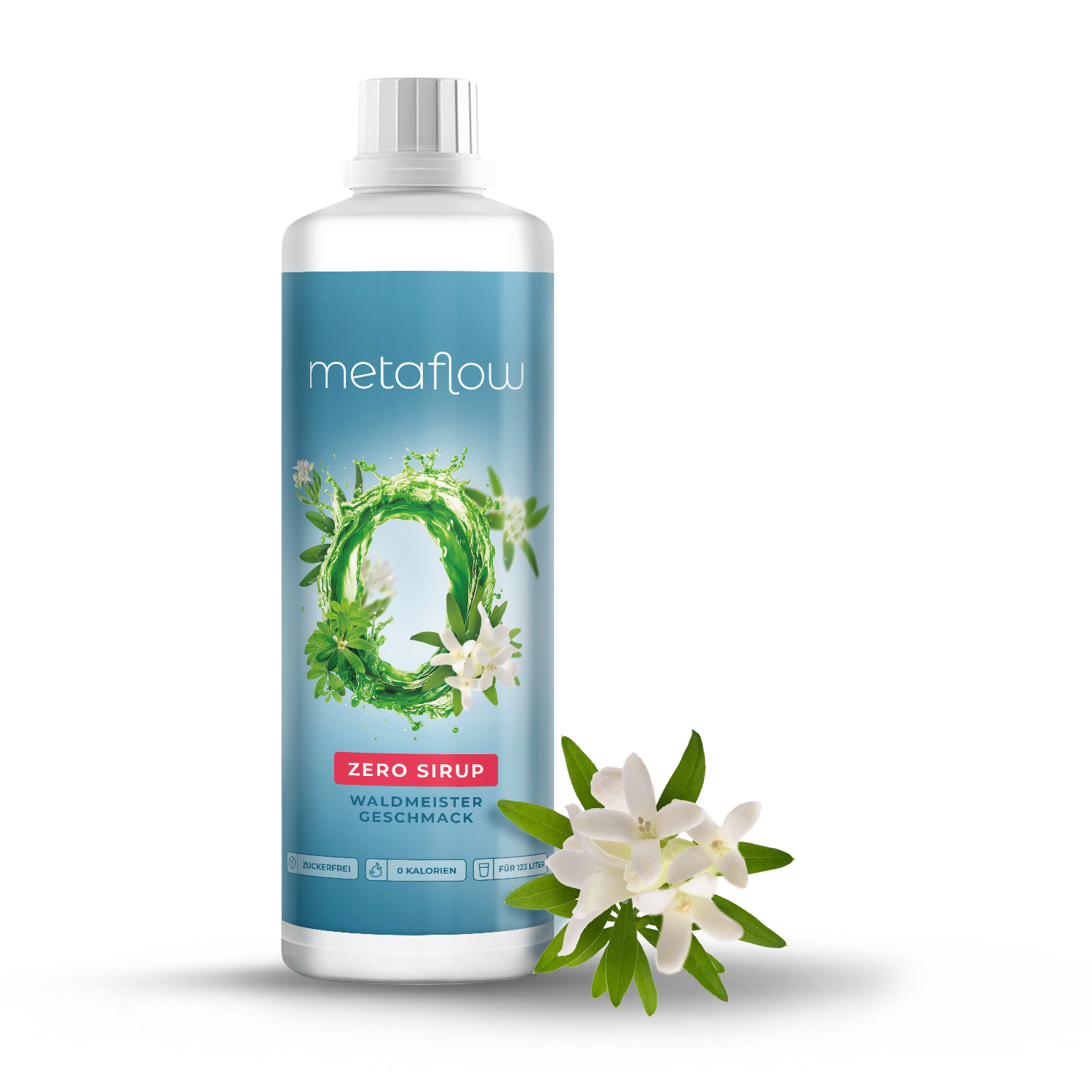 MetaFlow Zero Sirup Waldmeister Geschmack in 1-Liter-Flasche, grünes Kräutermotiv mit Waldmeisterblüten und flüssigem O-Design, zuckerfrei und kalorienfrei