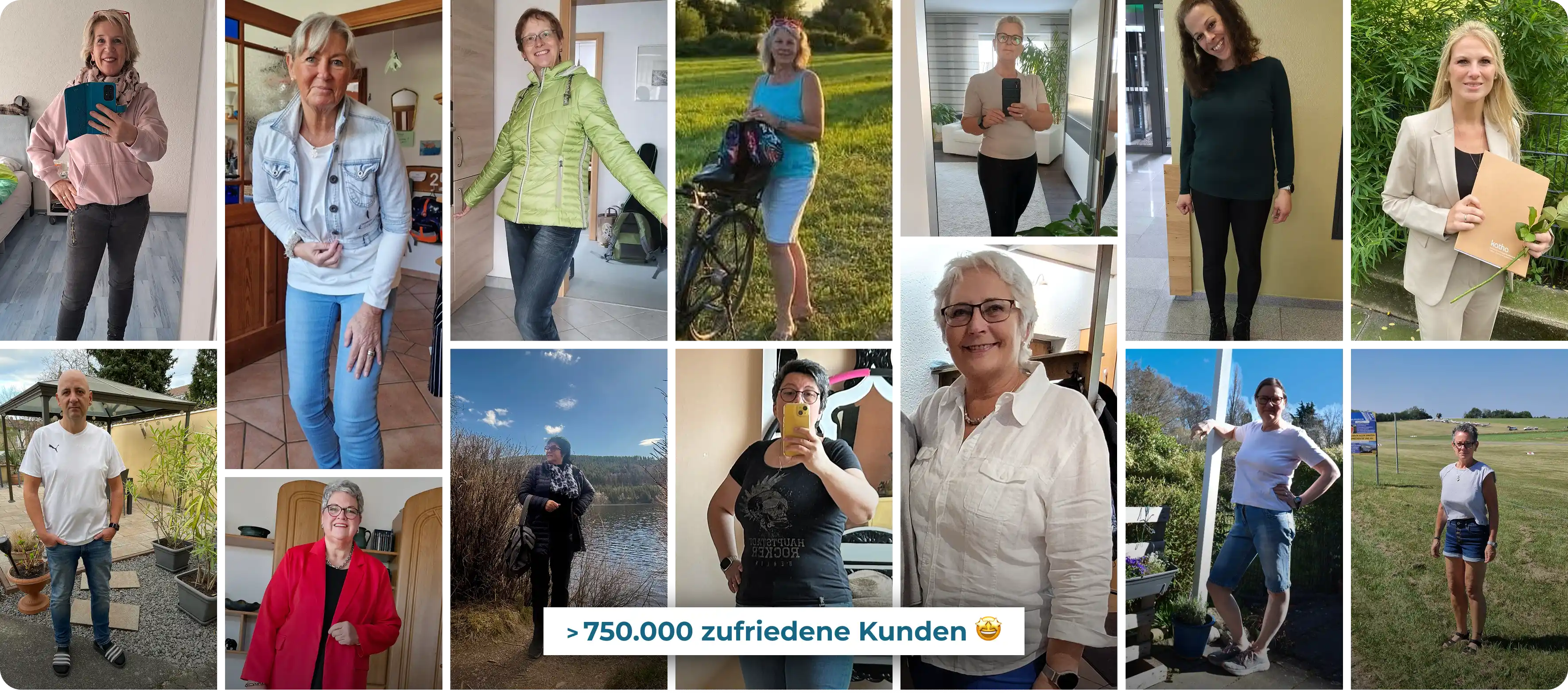 Header der Kundenbewertungen, der aus einer Collage mit Fotos besteht.Es sind einige lächelnde Kundinnen von MetaFlow zu sehen.