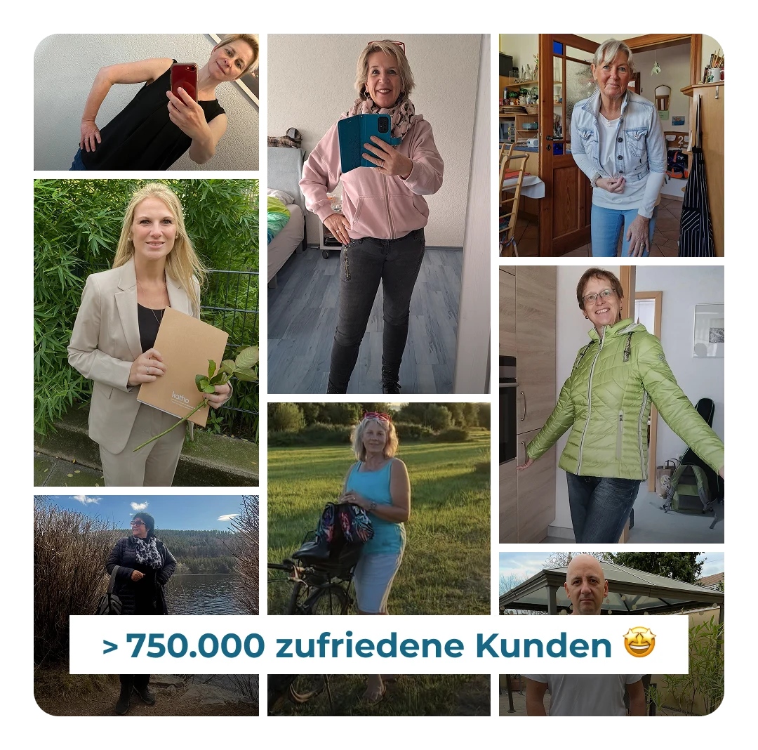 Header der Kundenbewertungen, der aus einer Collage mit Fotos besteht.Es sind einige lächelnde Kundinnen von MetaFlow zu sehen.