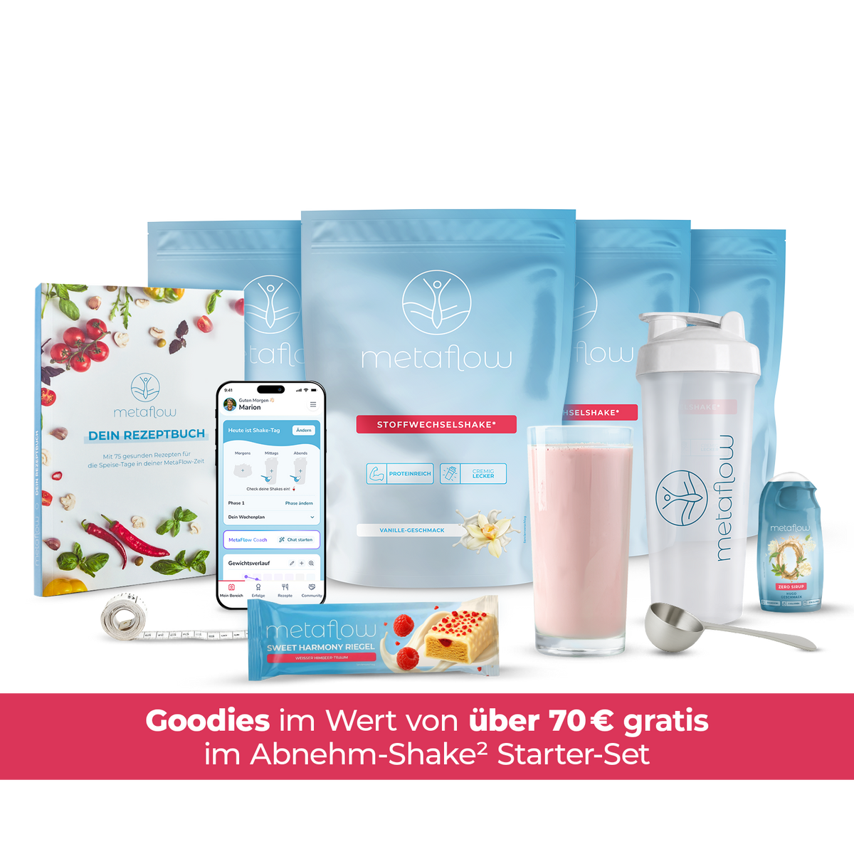 Das MetaFlow Abnehm-Shake² Starter-Set mit 4 Shakes und GRATIS-Goodies.