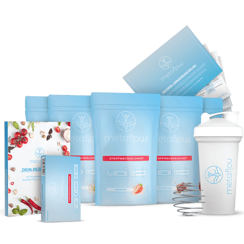 MetaFlow Probiermonat mit 5 Packungen, gratis Shaker, Rezeptbuch, Vitaminen und Ernährungsplan
