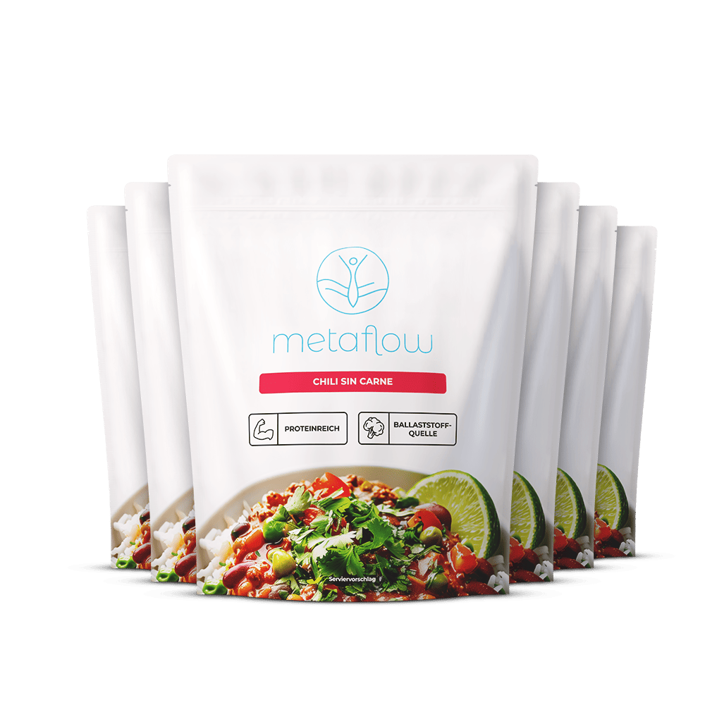 Sechs weiße Standbeutel des Produkts metaflow Chili sin Carne in einer Reihe angeordnet. Auf der Vorderseite befindet sich das blaue metaflow-Logo, der Produktname in rotem Balken und Symbole für ‚proteinreich‘ und ‚Ballaststoffquelle‘. Im unteren Bereich ist ein Serviervorschlag mit Chili-Gericht, Reis, frischen Kräutern und einer Limettenscheibe abgebildet.
