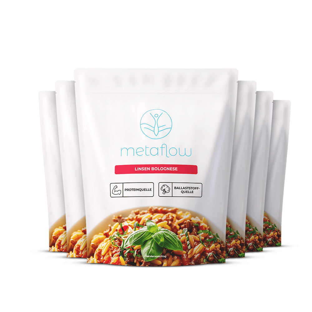 Sechs weiße Standbeutel des Produkts metaflow Linsen Bolognese in einer Reihe angeordnet. Auf der Vorderseite befinden sich das blaue metaflow-Logo, der Produktname in rotem Balken sowie Symbole für ‚Proteinquelle‘ und ‚Ballaststoffquelle‘. Im unteren Bereich ist ein Serviervorschlag mit Linsen-Bolognese, Tomatensauce und frischem Basilikum abgebildet.