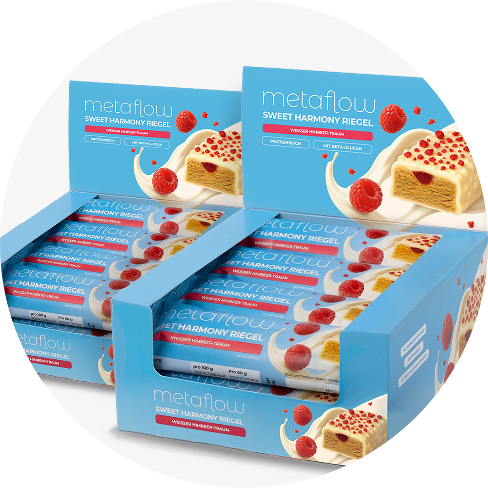MetaFlow Sweet Harmony Riegel Weißer Himbeer-Traum in geöffneter Displaybox – proteinreicher Genussriegel mit Beta-Glucan, ideal für bewusste Ernährung