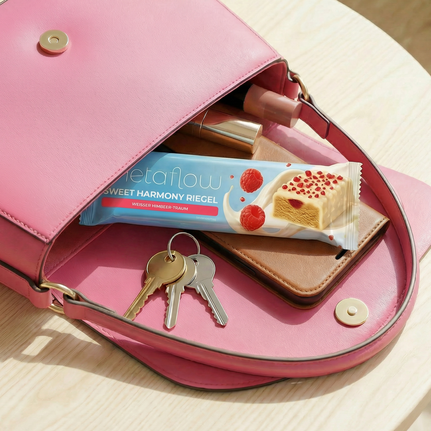 MetaFlow Sweet Harmony Proteinriegel als Snack für unterwegs in Handtasche – ideal für den kleinen Hunger