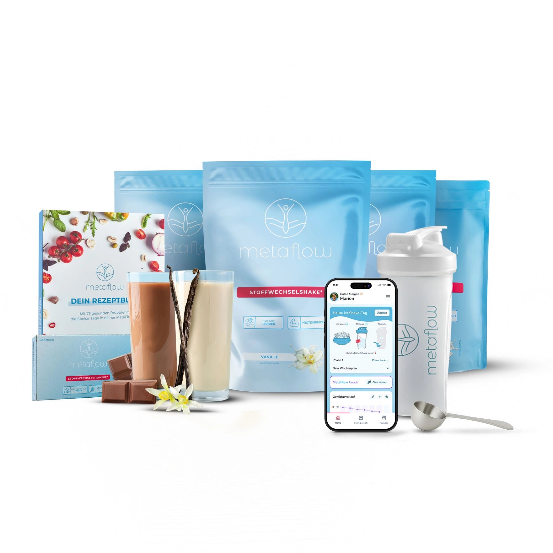 MetaFlow Starter-Set mit vier Beuteln, gratis Goodies, zwei Shakes im Glas und einem Handy mit der Metaflow App.